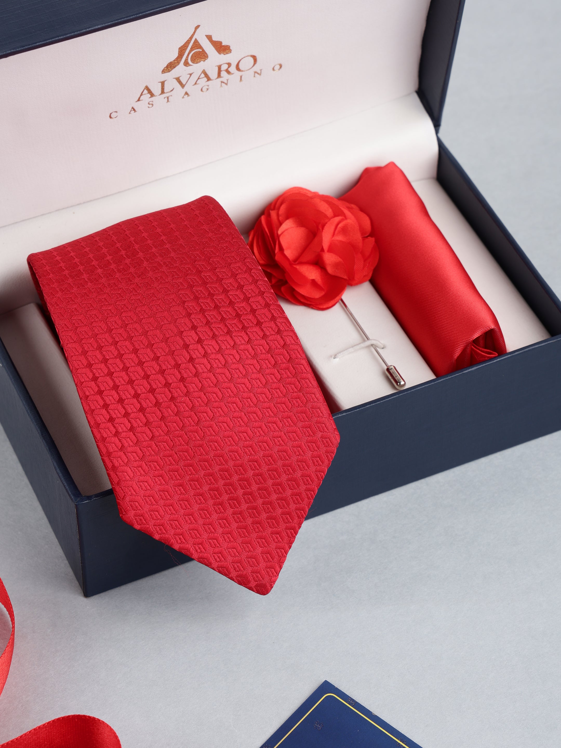 Red Geometric Grid Necktie with Lapel Pin Gift Set