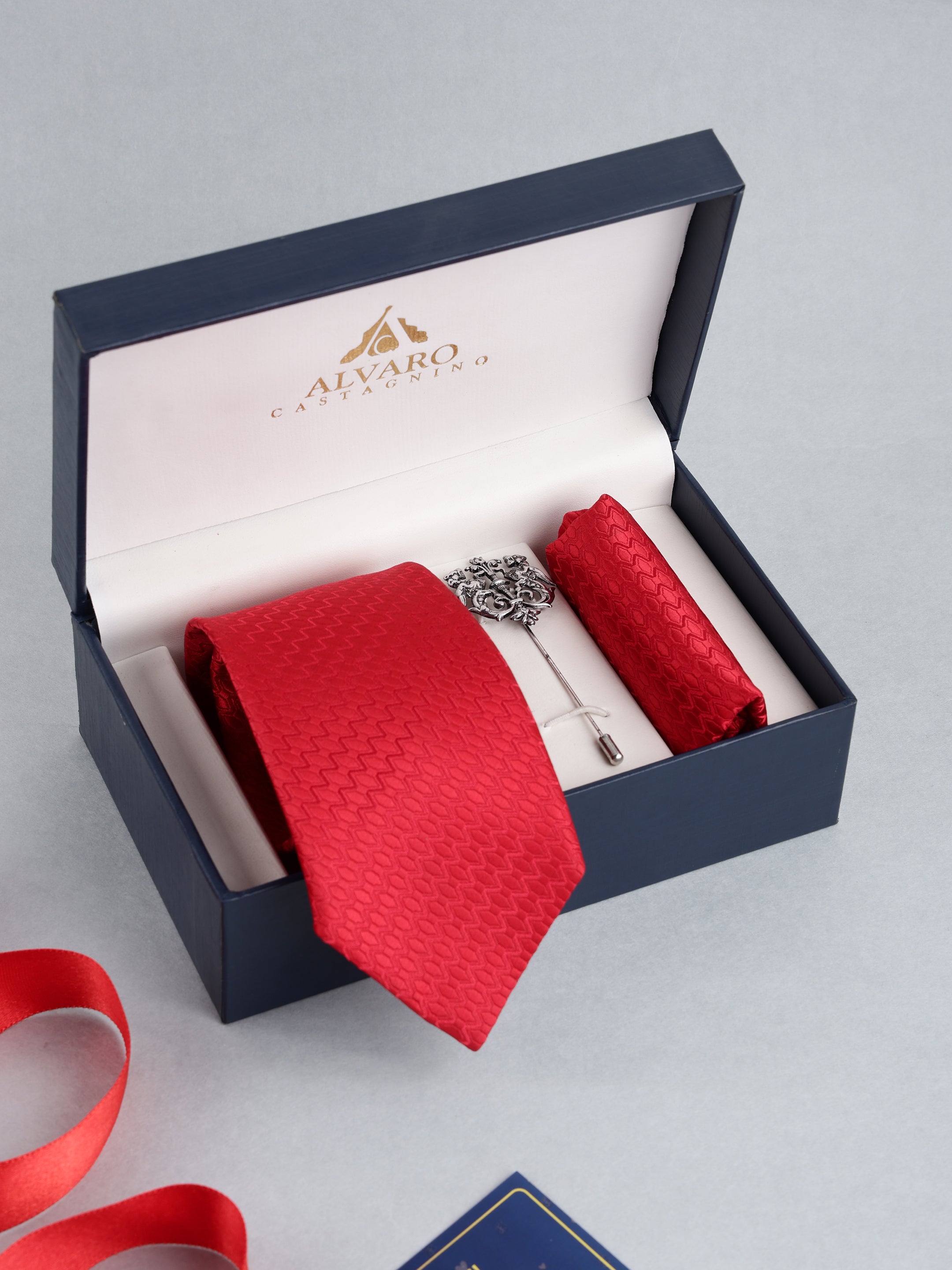 Red Honeycomb Chevron Necktie with Lapel Pin Gift Set