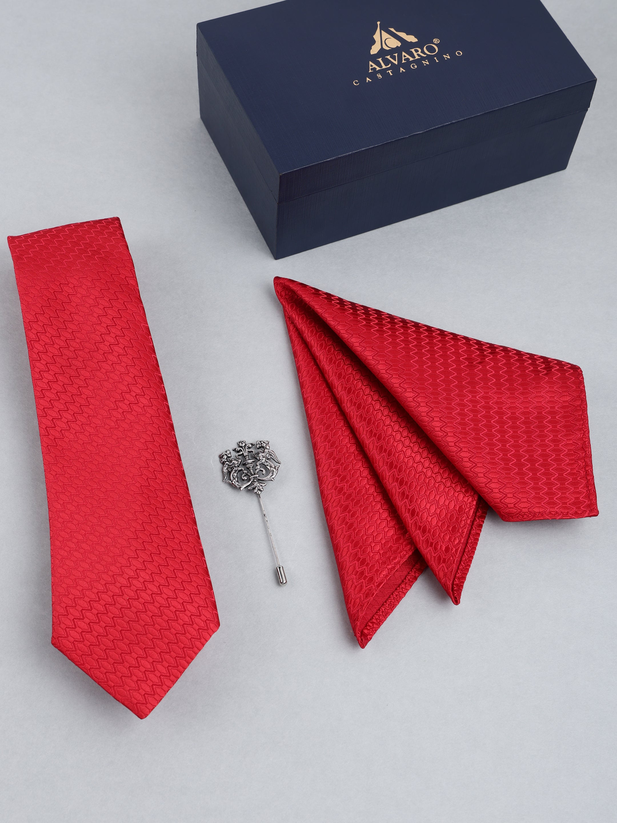 Red Honeycomb Chevron Necktie with Lapel Pin Gift Set