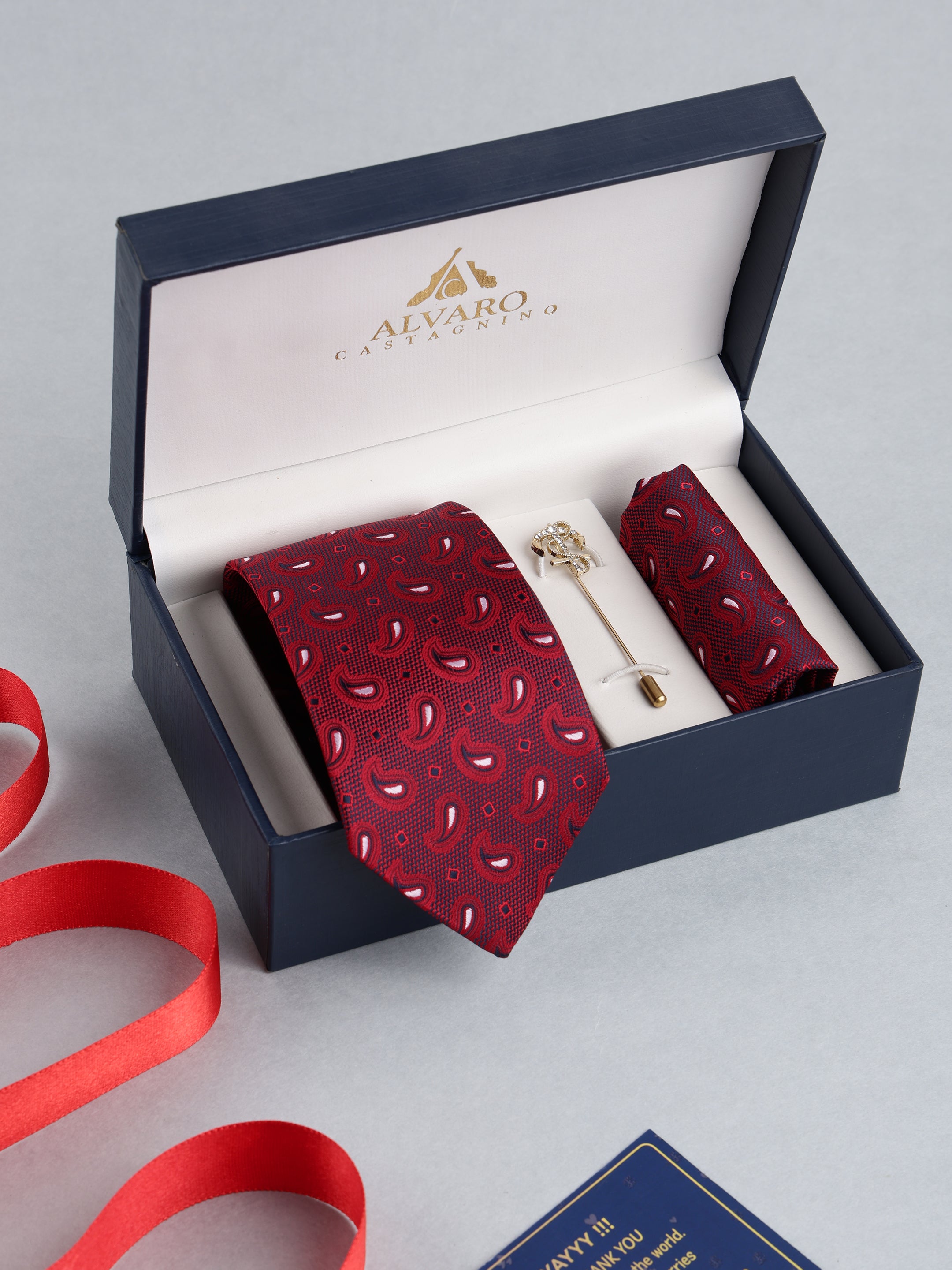Maroon Paisley Necktie with Lapel Pin Gift Set