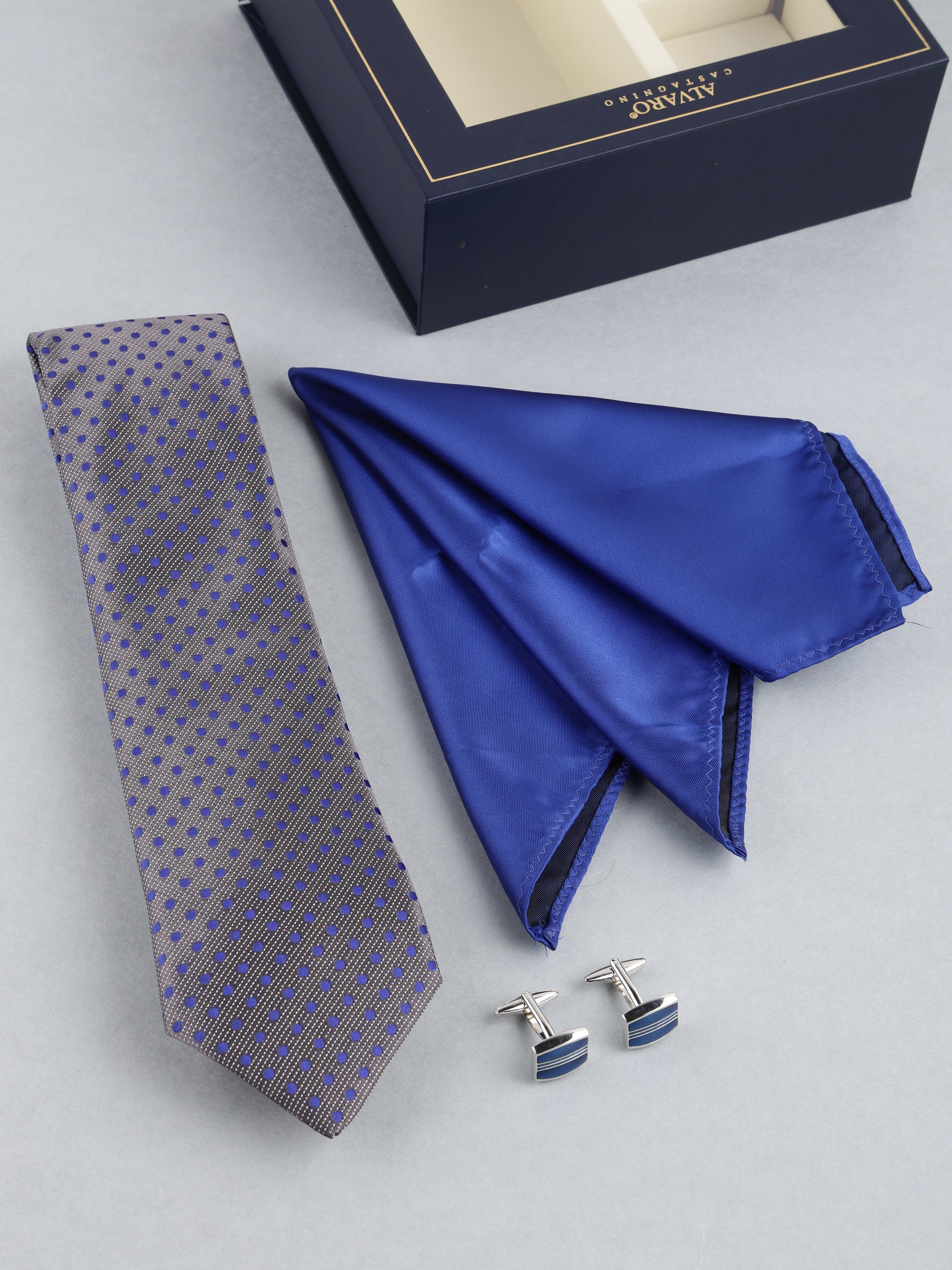 Grey Polka Dot Necktie with Cufflinks Gift Set