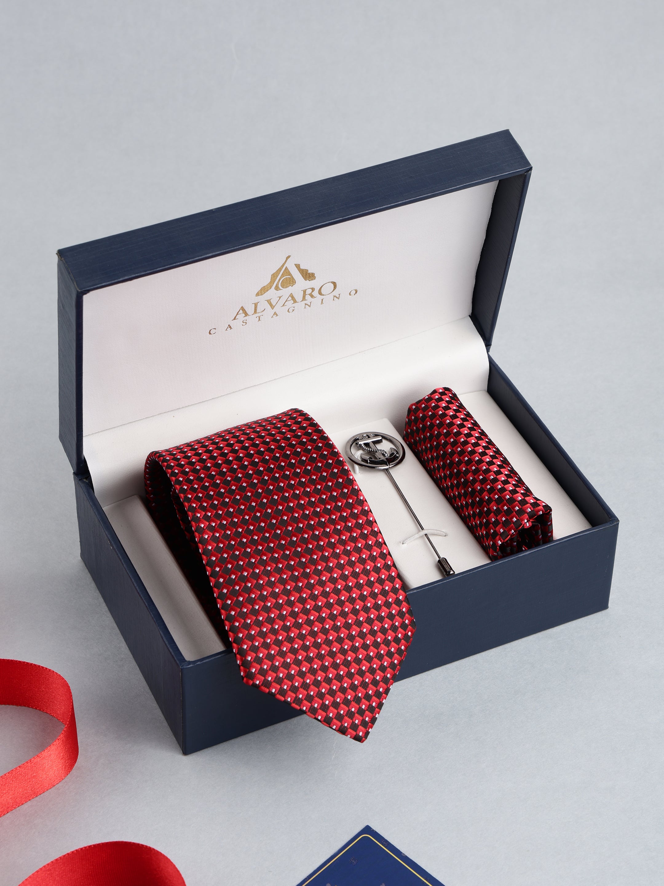 Red & Black Checkered Necktie with Lapel Pin Gift Set