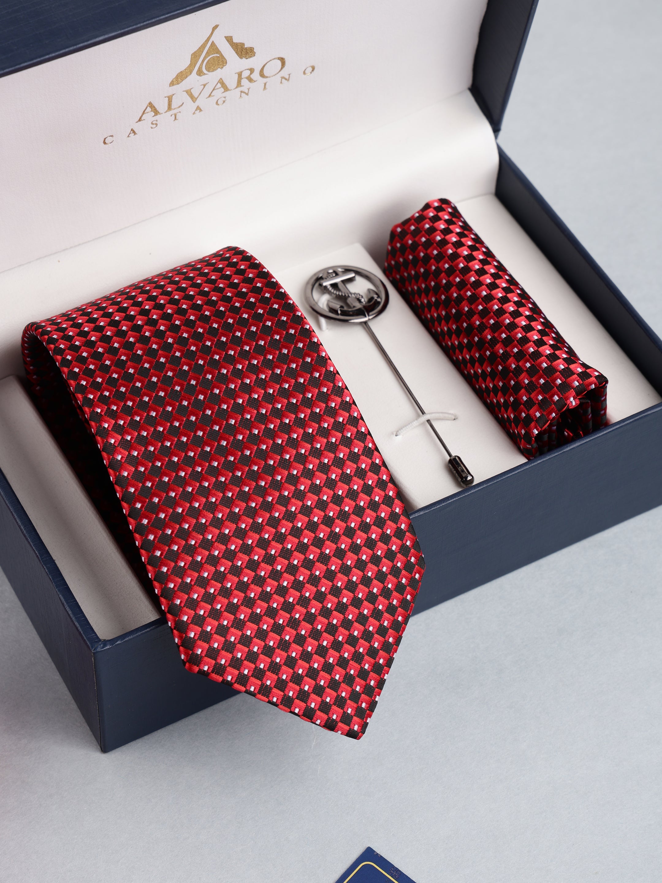 Red & Black Checkered Necktie with Lapel Pin Gift Set
