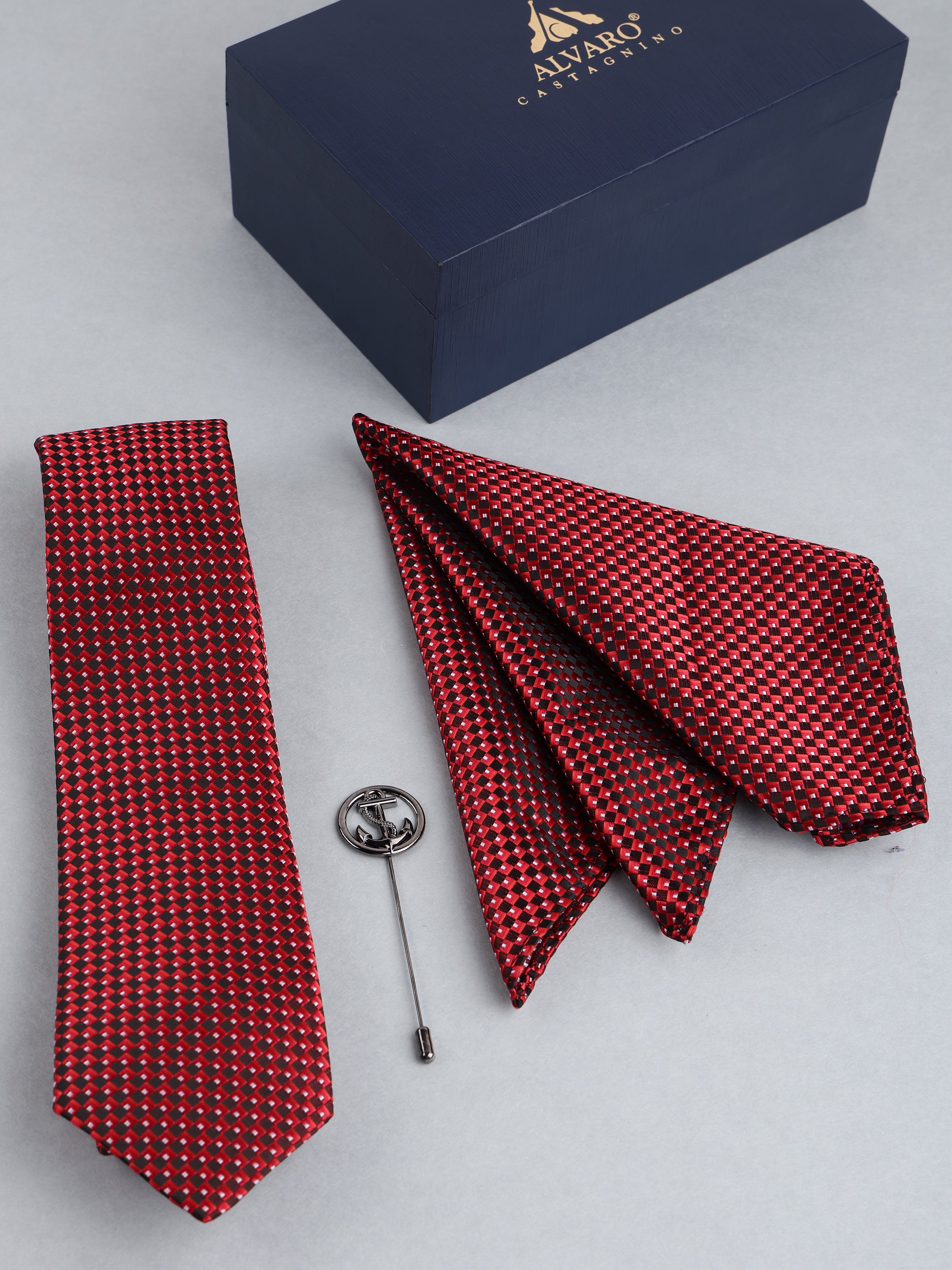 Red & Black Checkered Necktie with Lapel Pin Gift Set