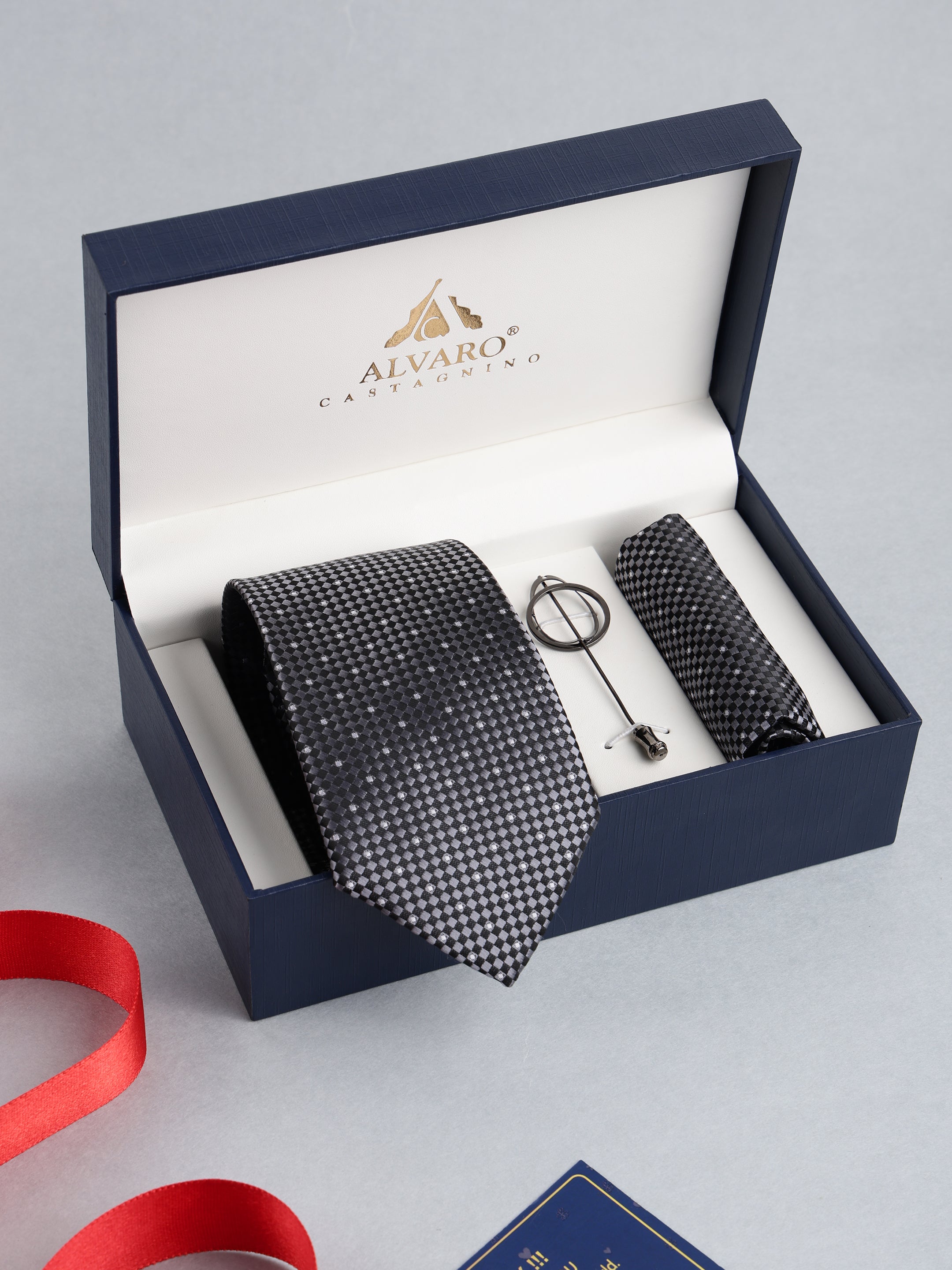 Grey Micro-Pattern Necktie with Lapel Pin Gift Set