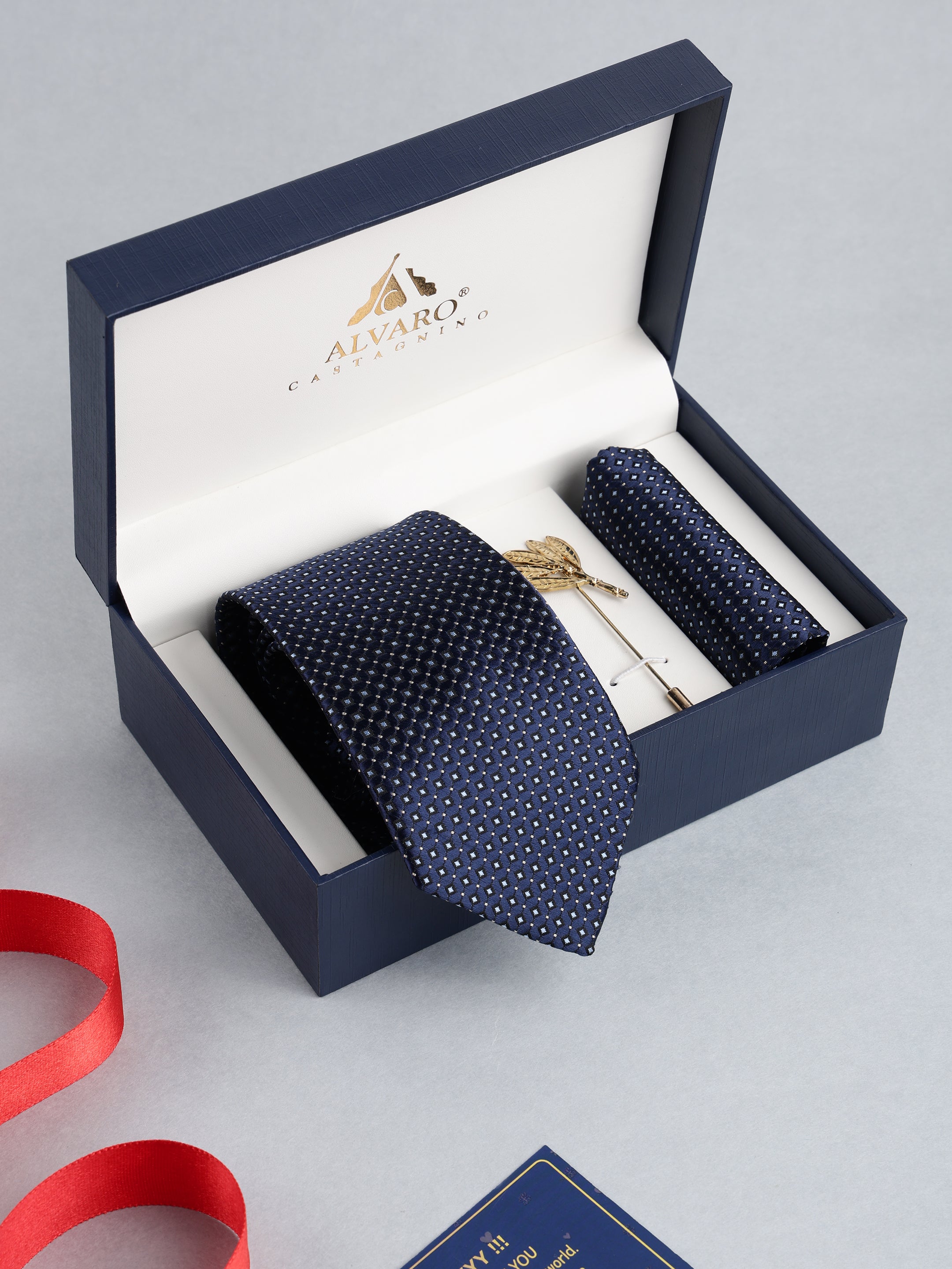 Navy Blue Geometric Medallion Necktie with Lapel Pin Gift Set