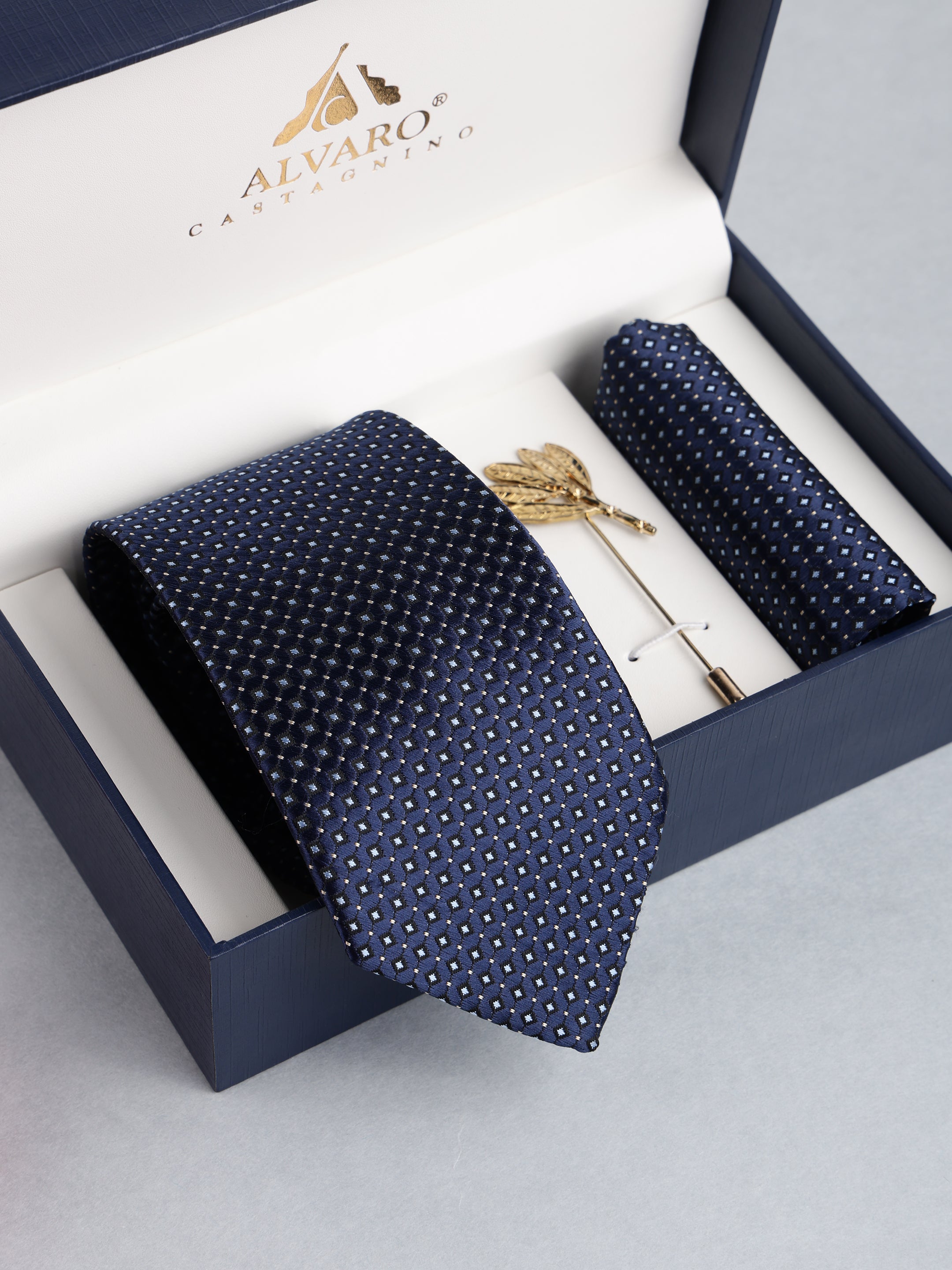 Navy Blue Geometric Medallion Necktie with Lapel Pin Gift Set