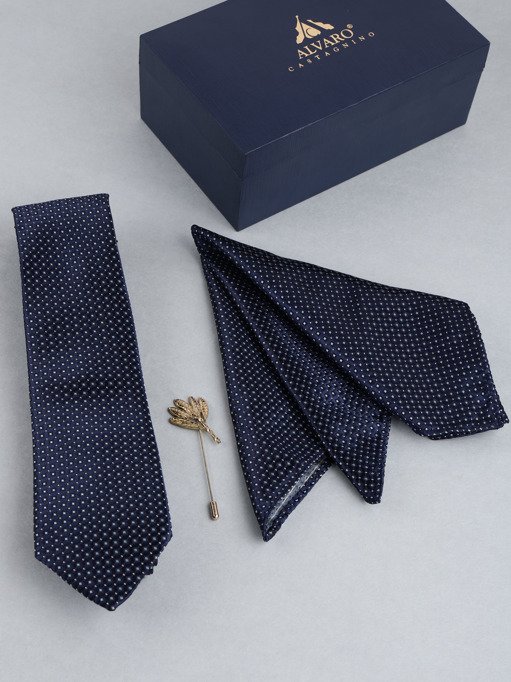 Navy Blue Geometric Medallion Necktie with Lapel Pin Gift Set
