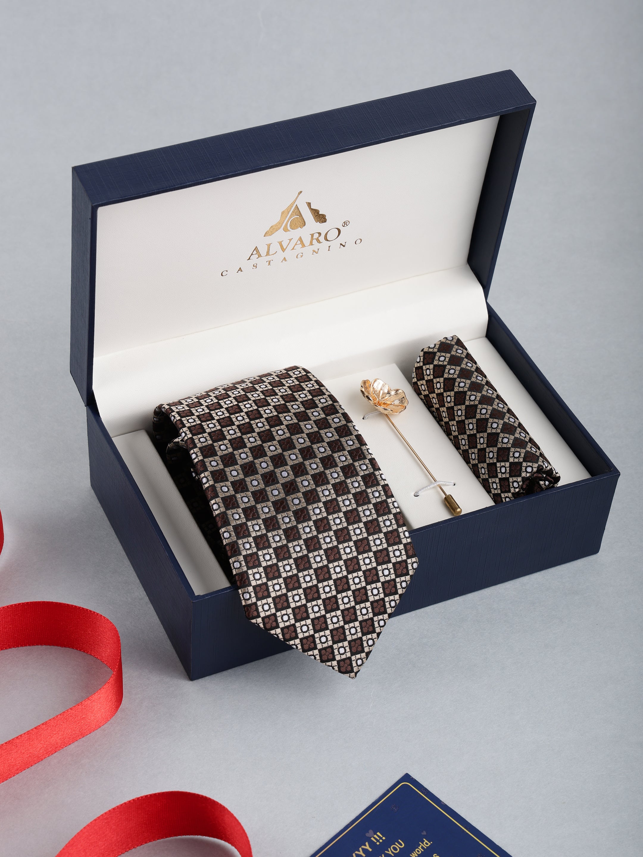 Brown Geometric Necktie with Lapel Pin Gift Set