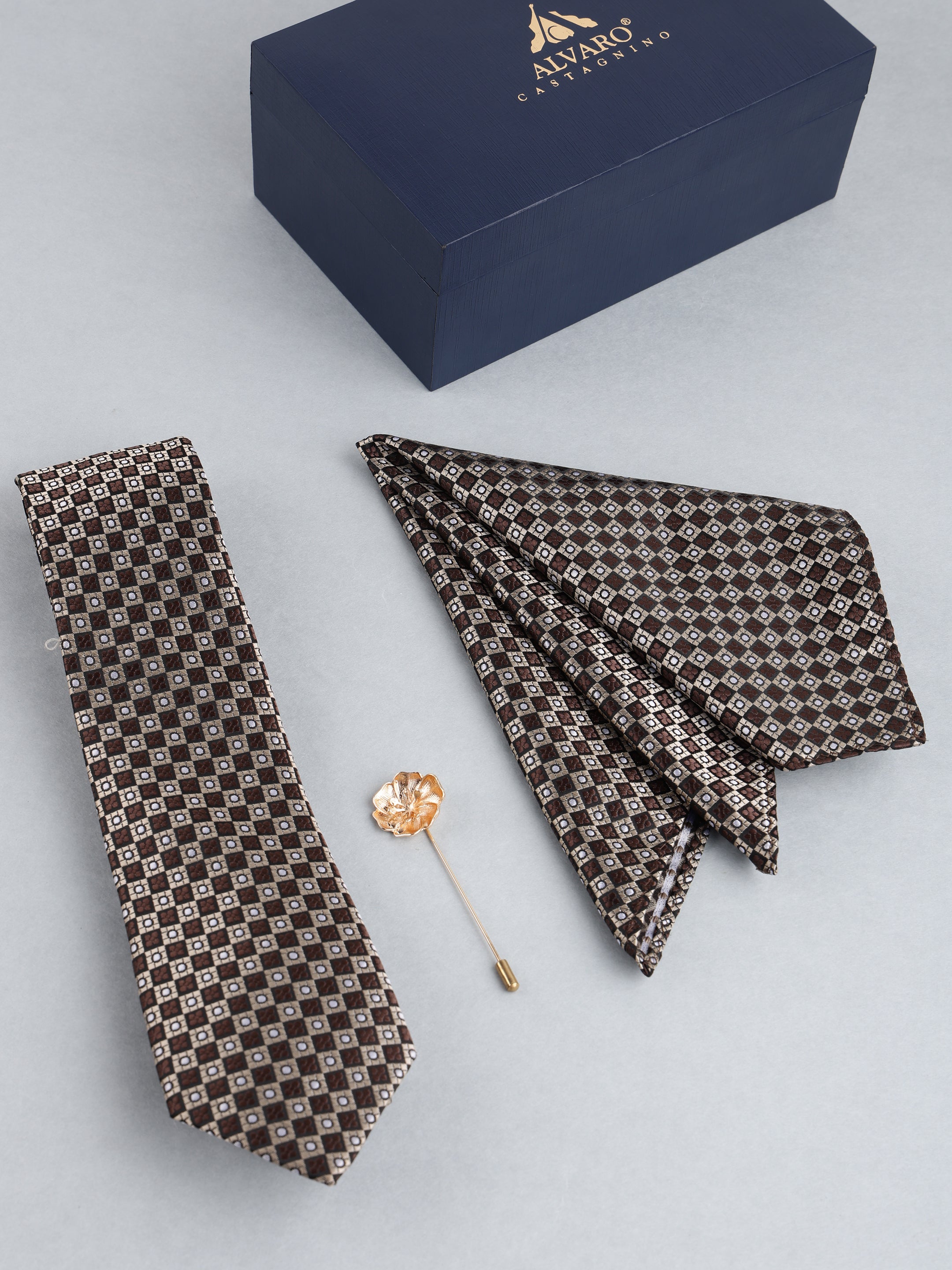 Brown Geometric Necktie with Lapel Pin Gift Set