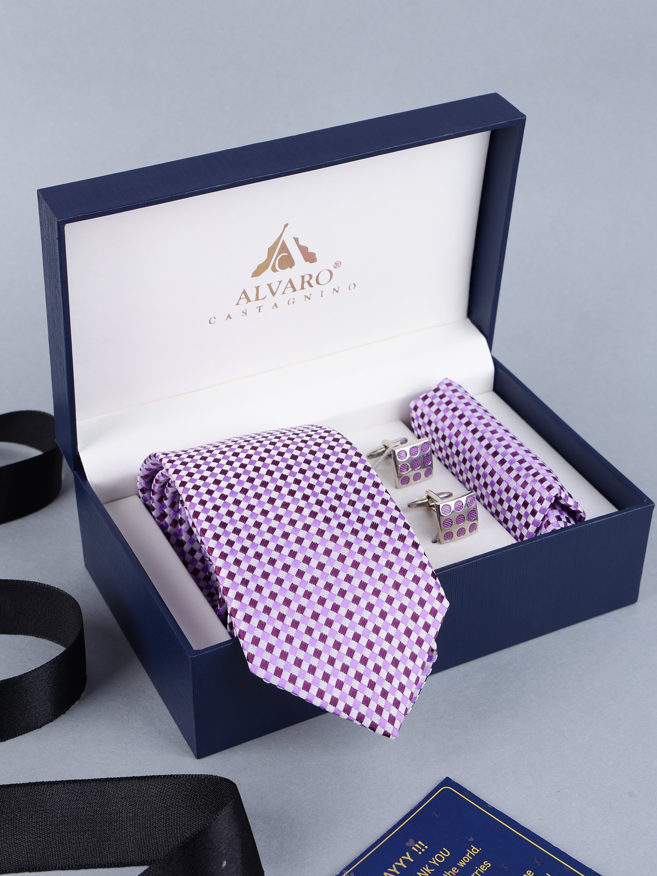 Lavender & Purple Micro-Check Necktie, Pocket Square & Cufflinks Gift Set
