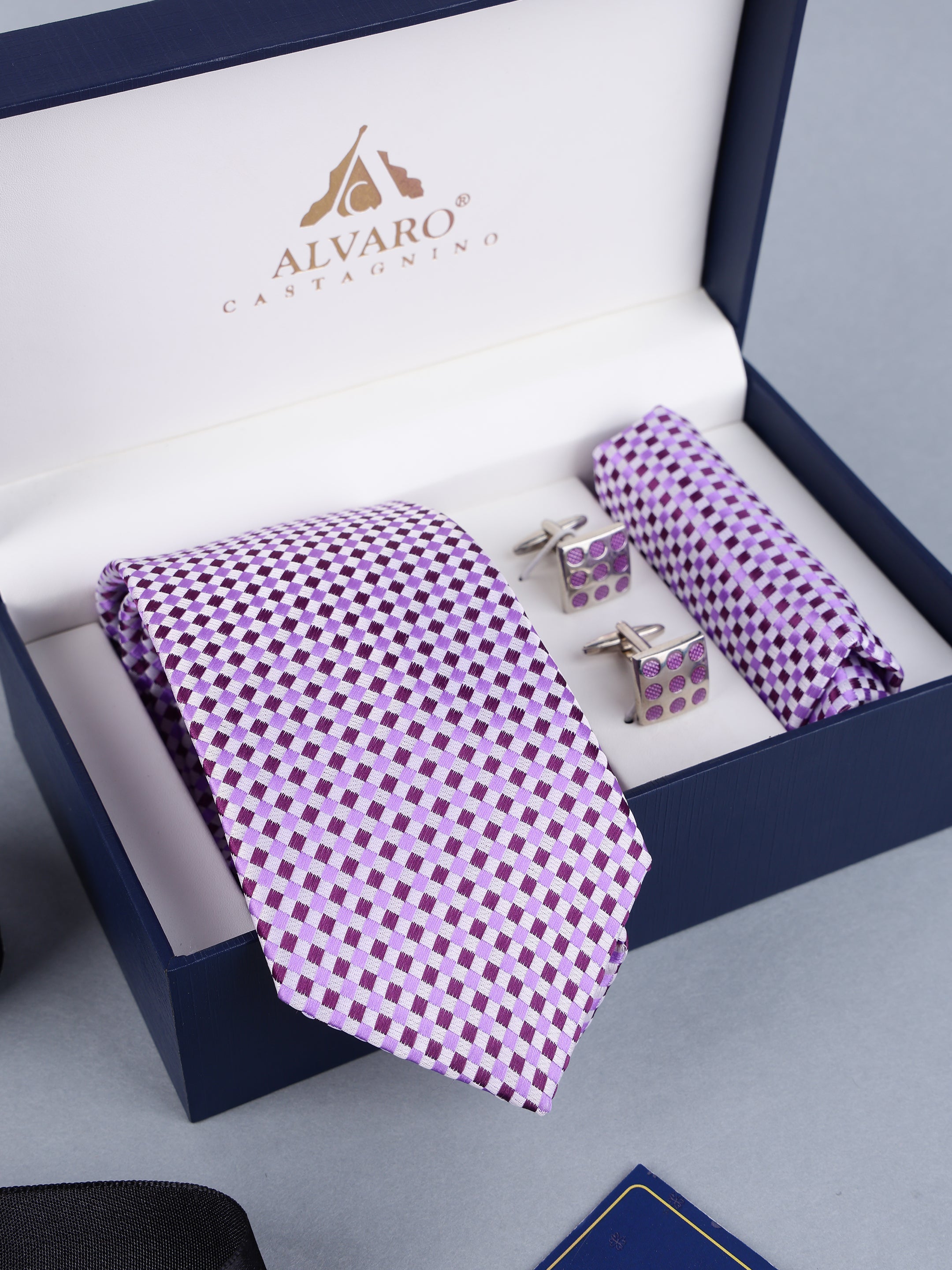 Lavender & Purple Micro-Check Necktie, Pocket Square & Cufflinks Gift Set