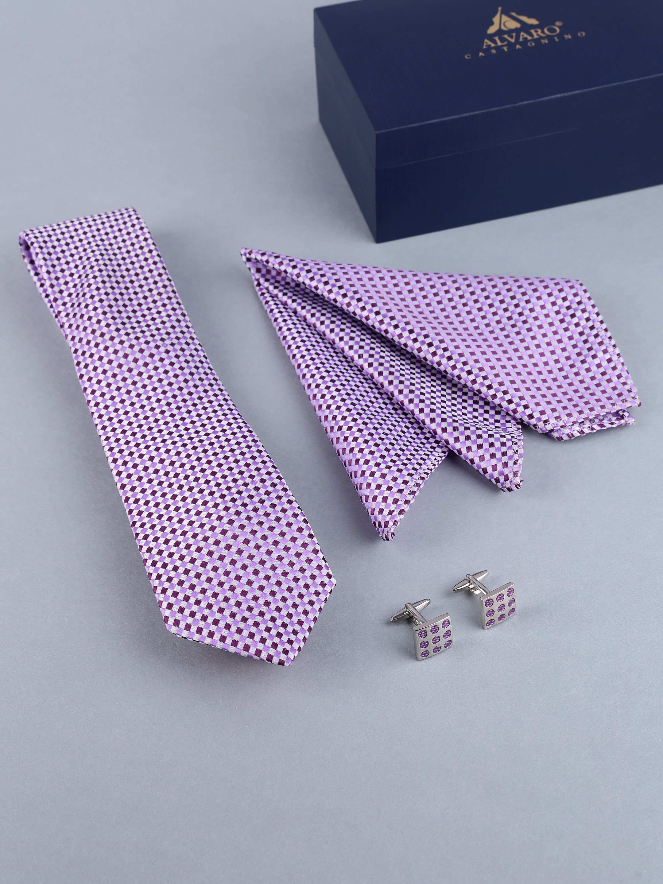 Lavender & Purple Micro-Check Necktie, Pocket Square & Cufflinks Gift Set