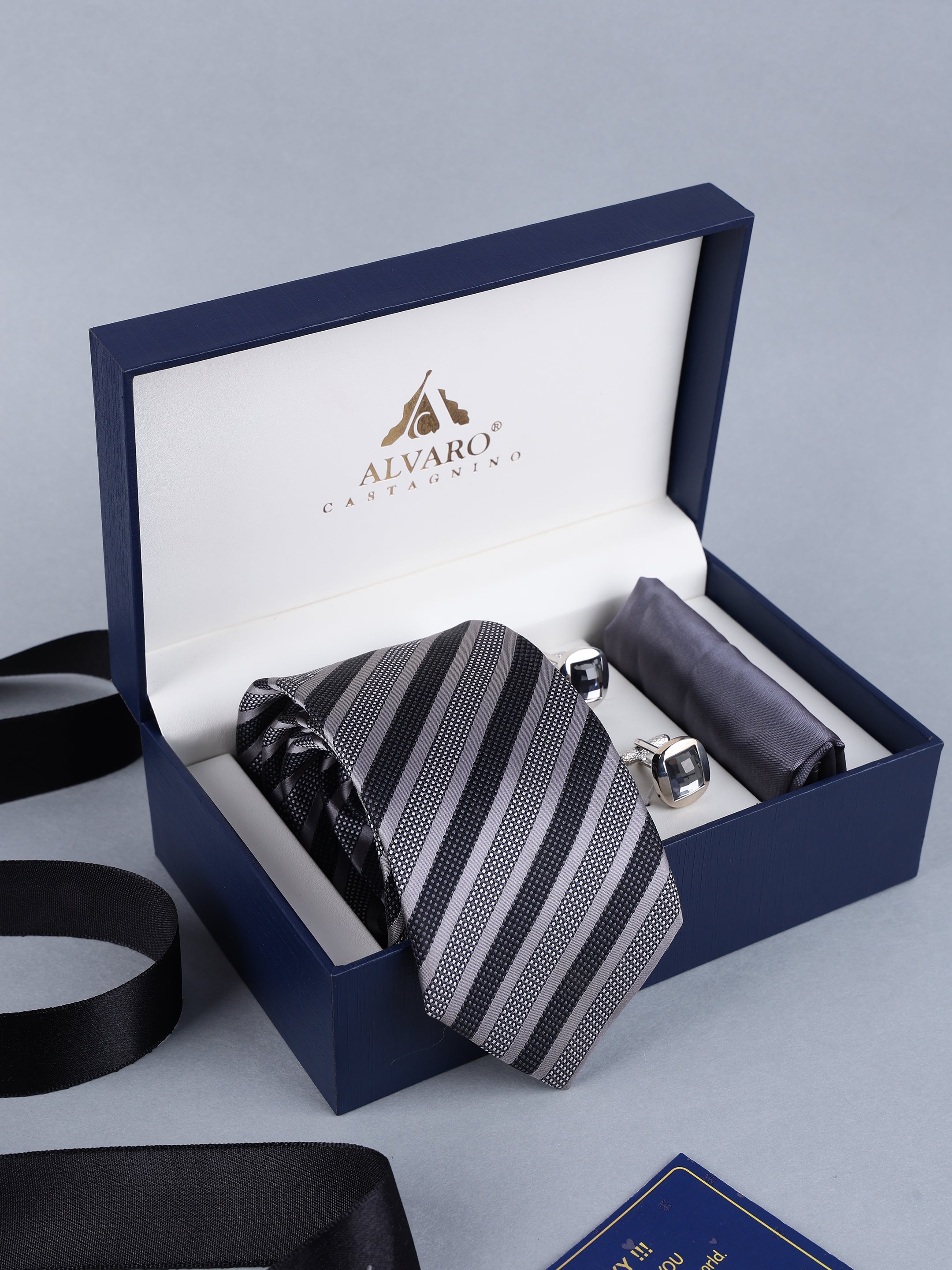 Charcoal & Silver Diagonal Stripe Necktie, Pocket Square & Cufflinks Gift Set