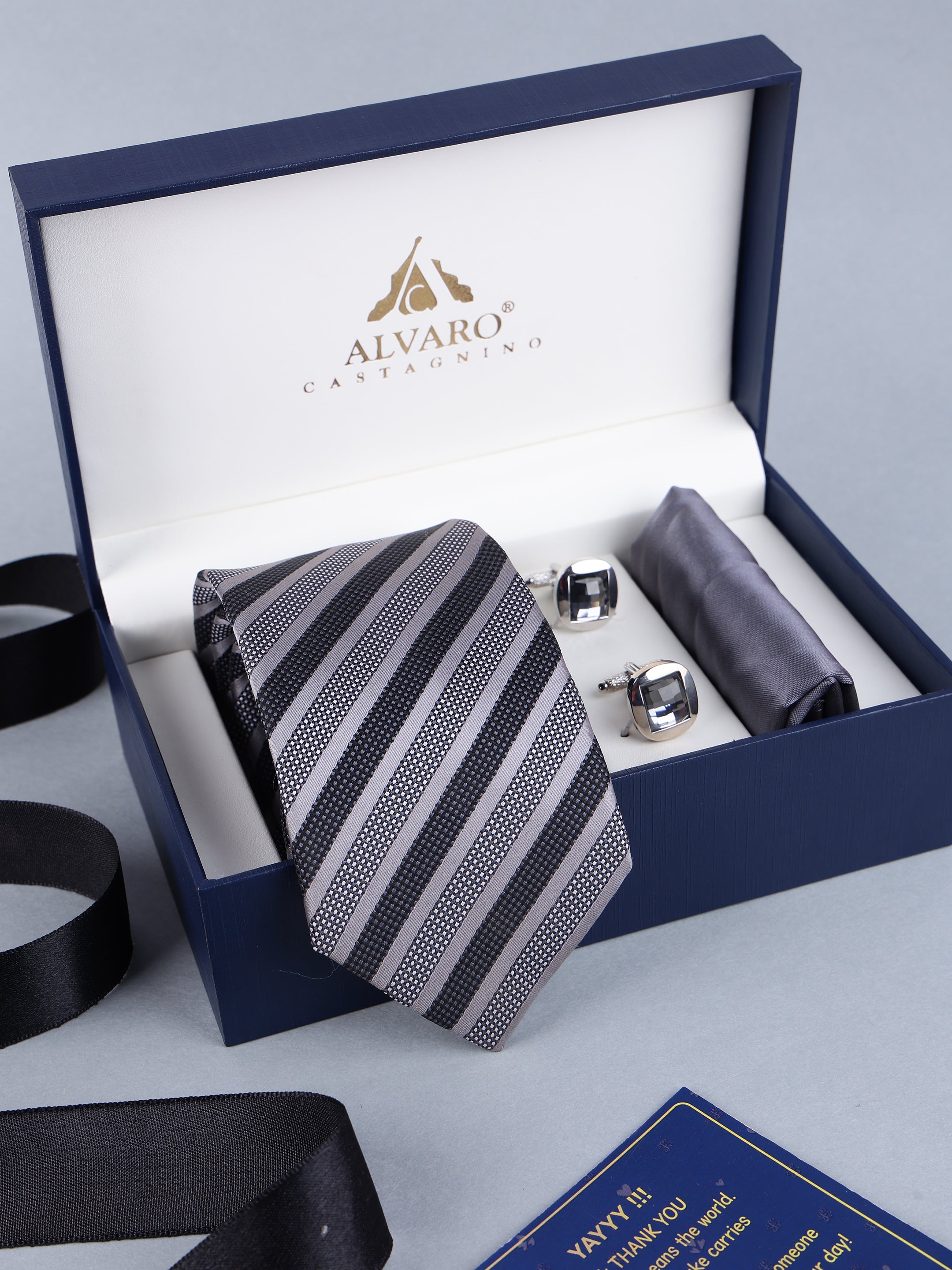 Charcoal & Silver Diagonal Stripe Necktie, Pocket Square & Cufflinks Gift Set