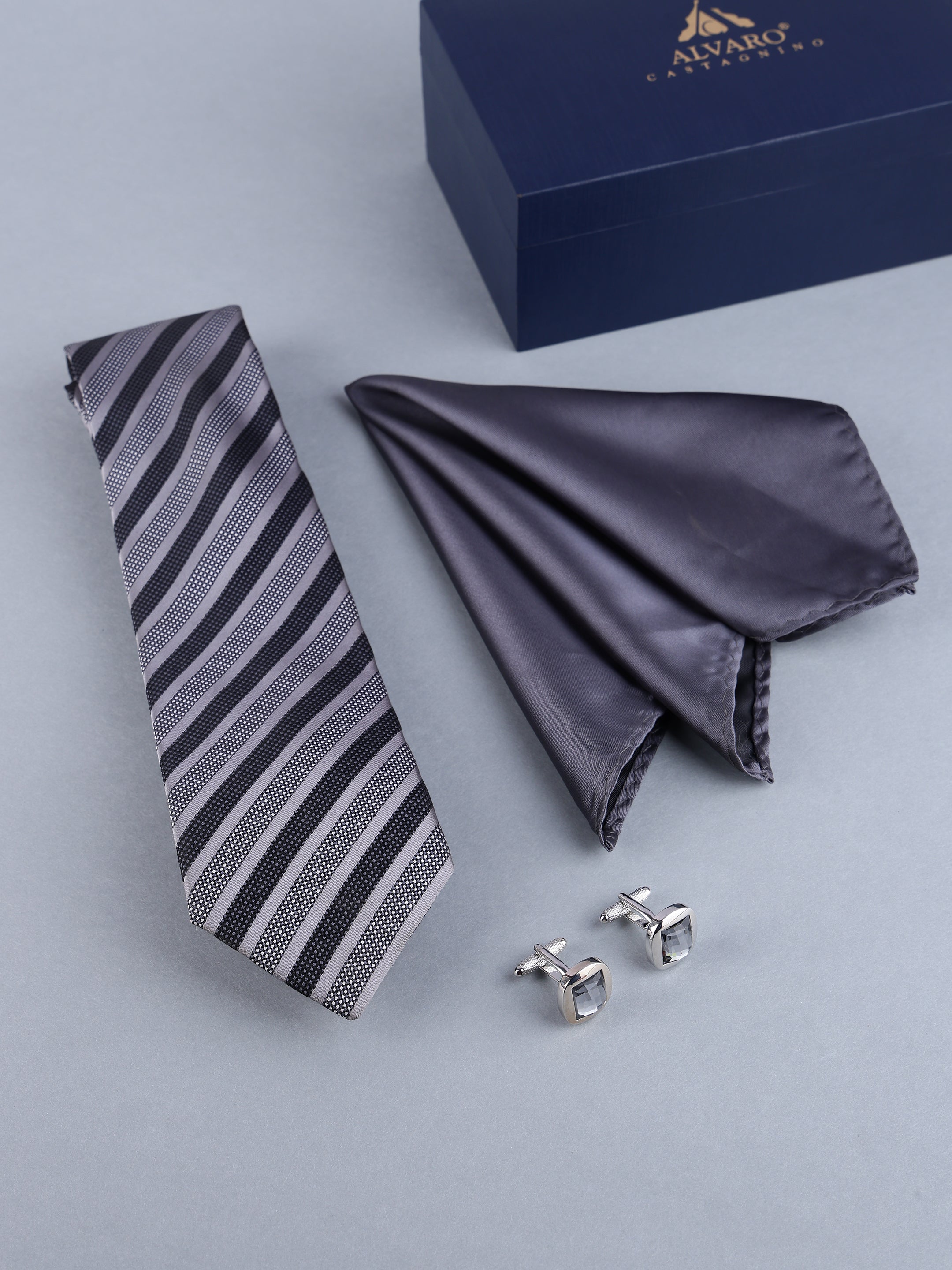 Charcoal & Silver Diagonal Stripe Necktie, Pocket Square & Cufflinks Gift Set