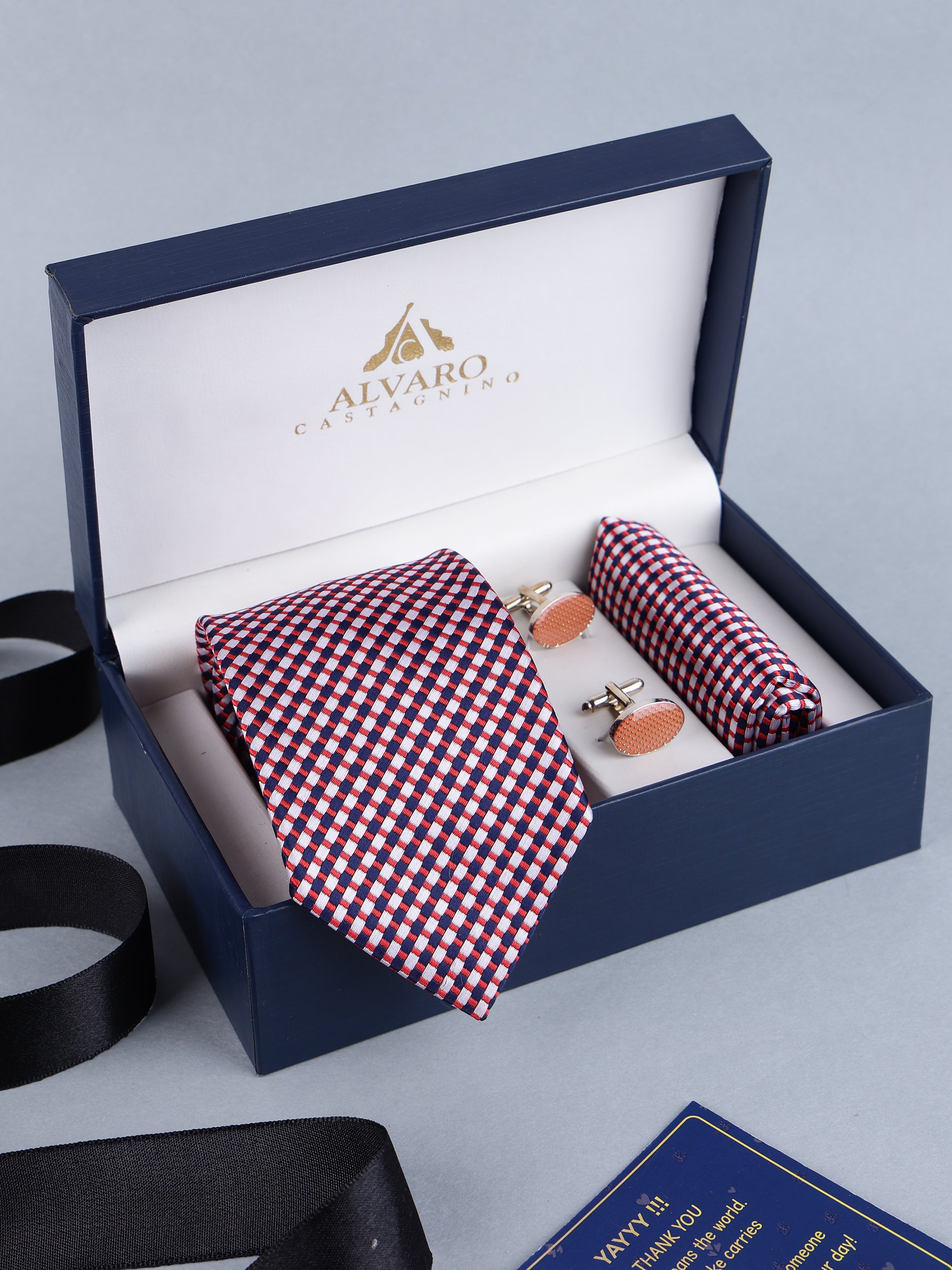 Navy & Red Micro-Check Necktie, Pocket Square & Cufflinks Gift Set