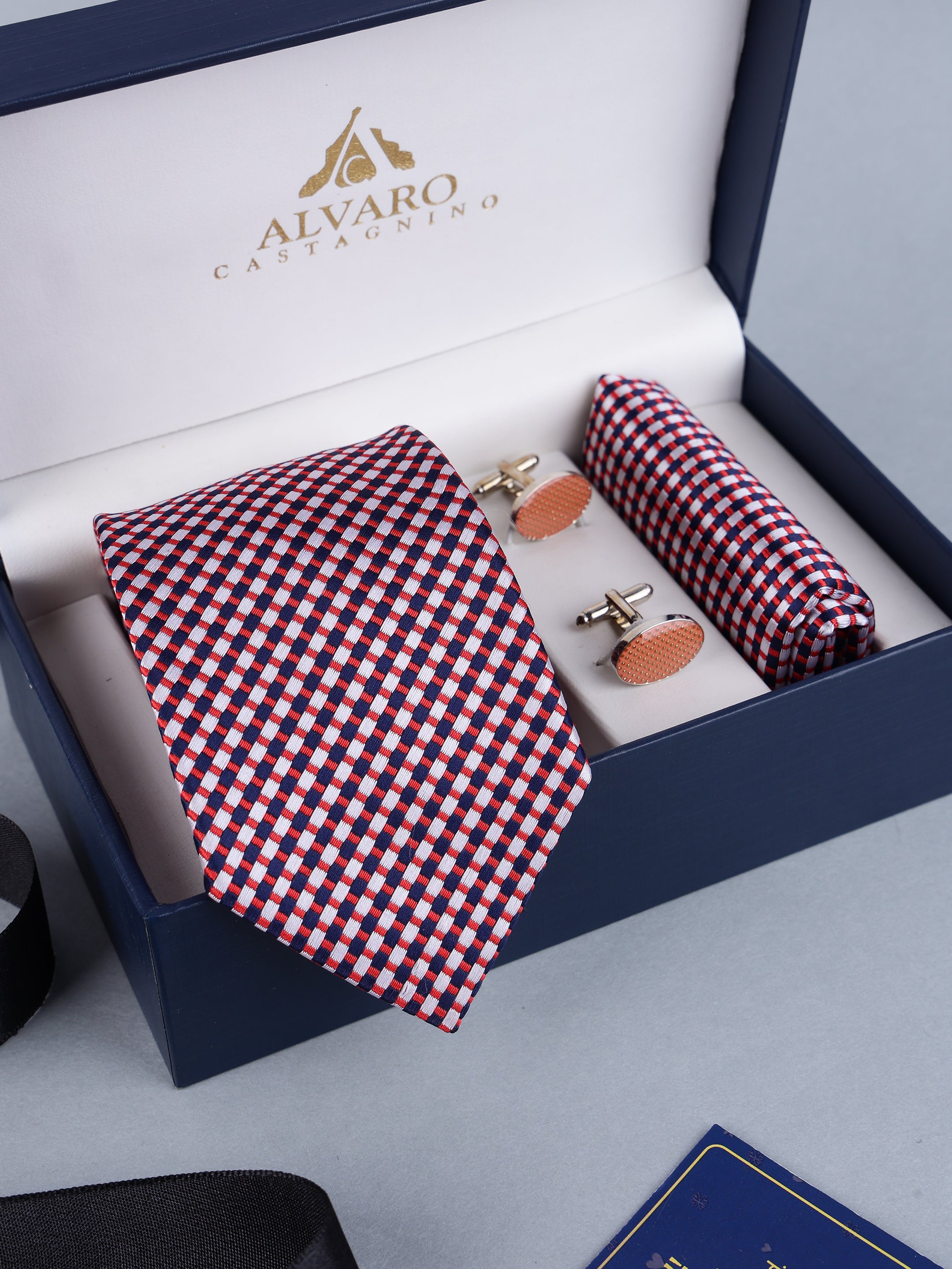 Navy & Red Micro-Check Necktie, Pocket Square & Cufflinks Gift Set