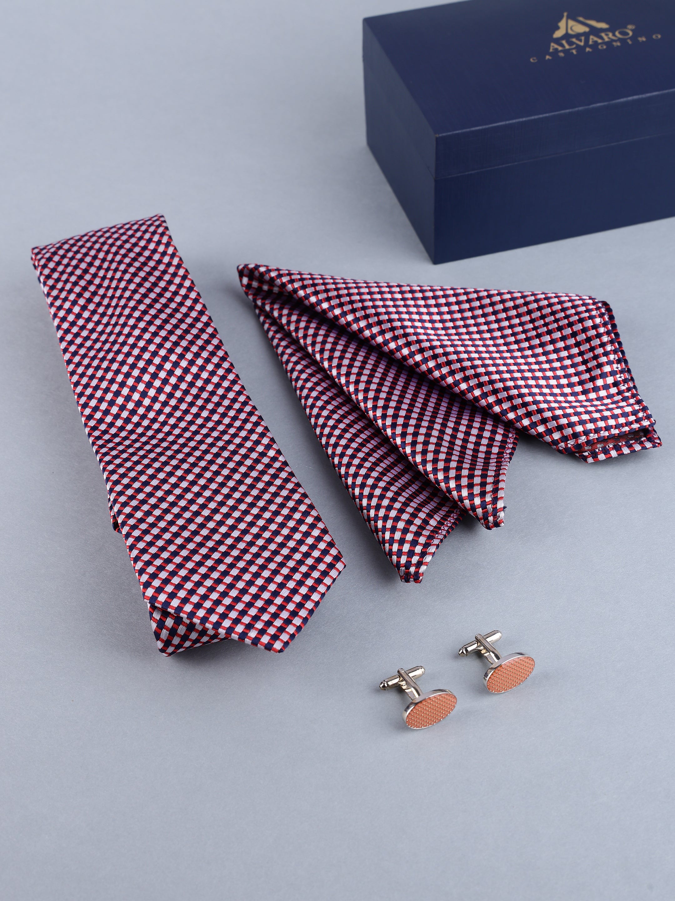 Navy & Red Micro-Check Necktie, Pocket Square & Cufflinks Gift Set