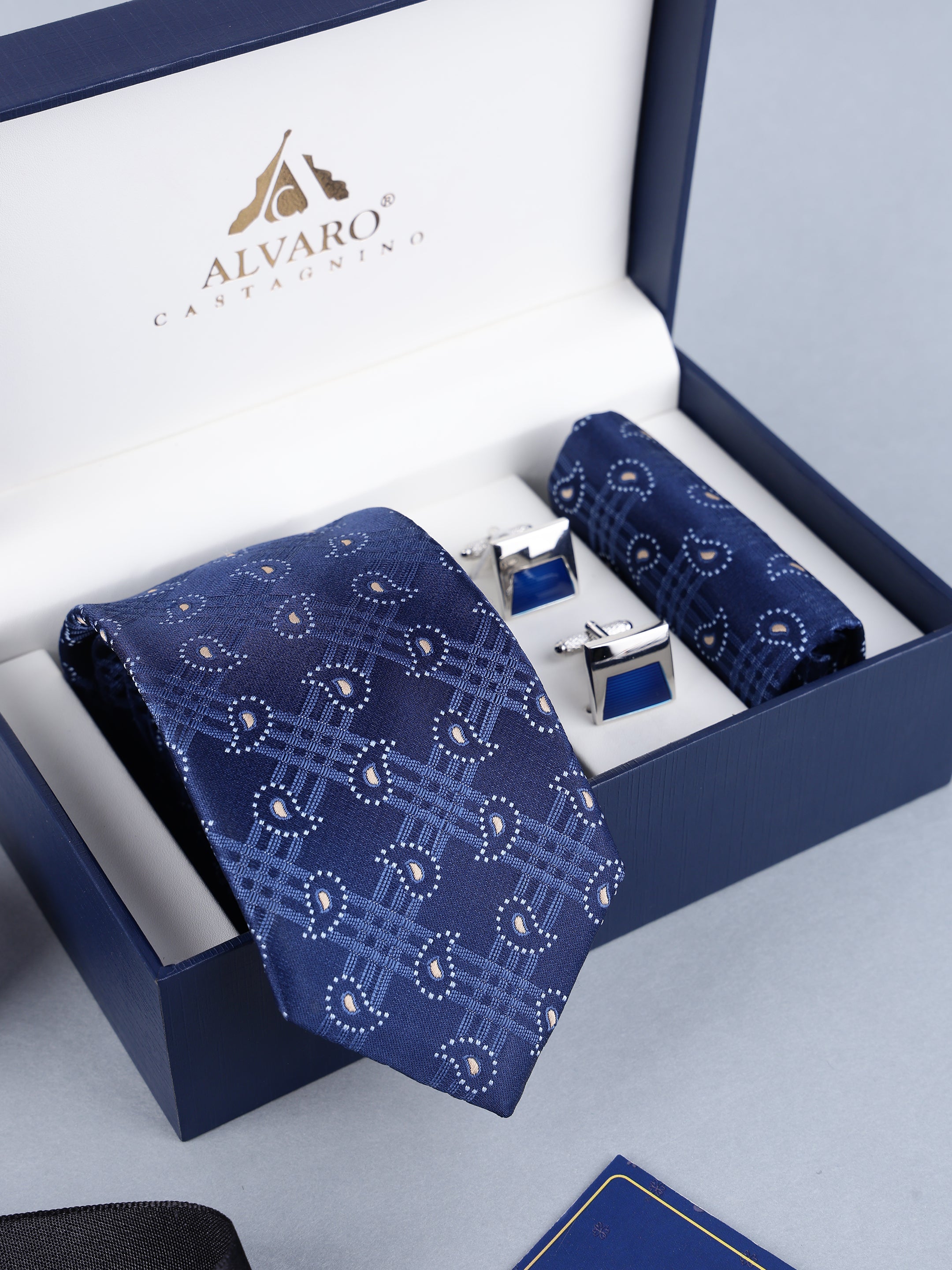 Navy Blue Micro-Paisley & Plaid Necktie, Pocket Square & Cufflinks Gift Set