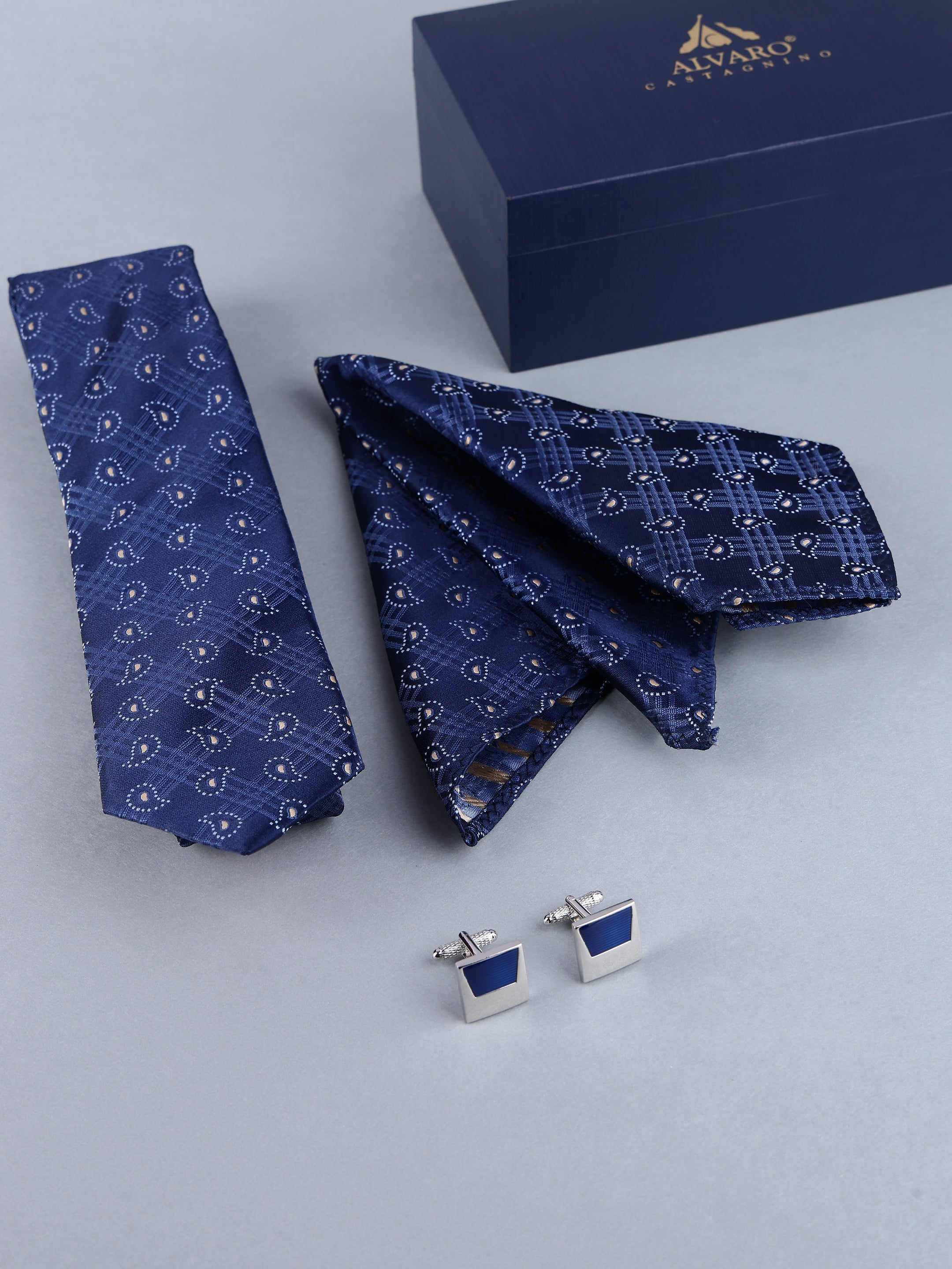 Navy Blue Micro-Paisley & Plaid Necktie, Pocket Square & Cufflinks Gift Set