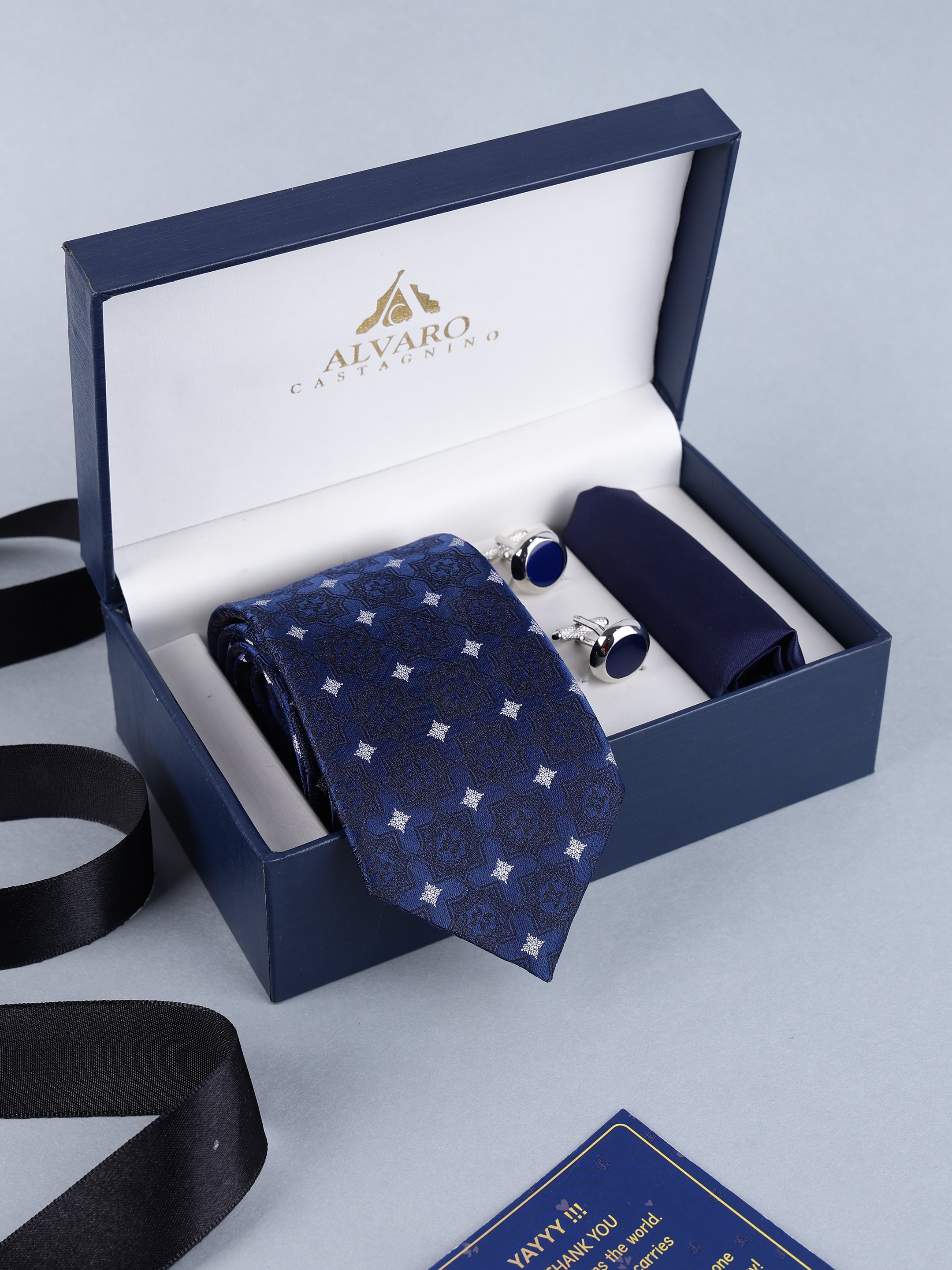 Deep Navy Geometric Medallion Necktie, Pocket Square & Cufflinks Gift Set