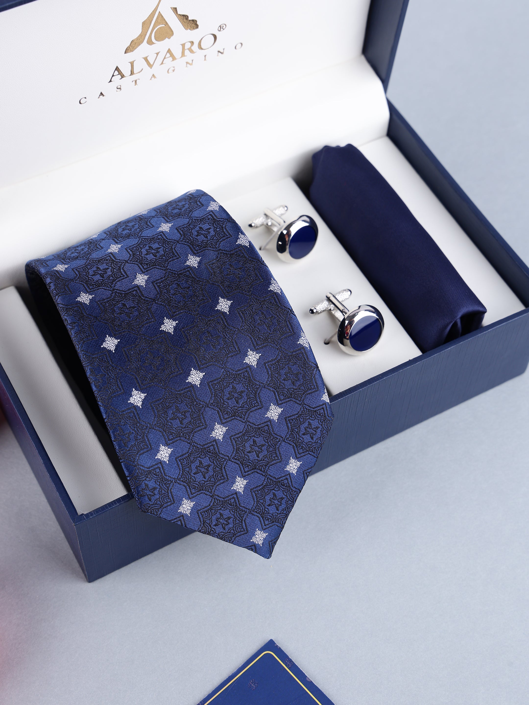 Deep Navy Geometric Medallion Necktie, Pocket Square & Cufflinks Gift Set