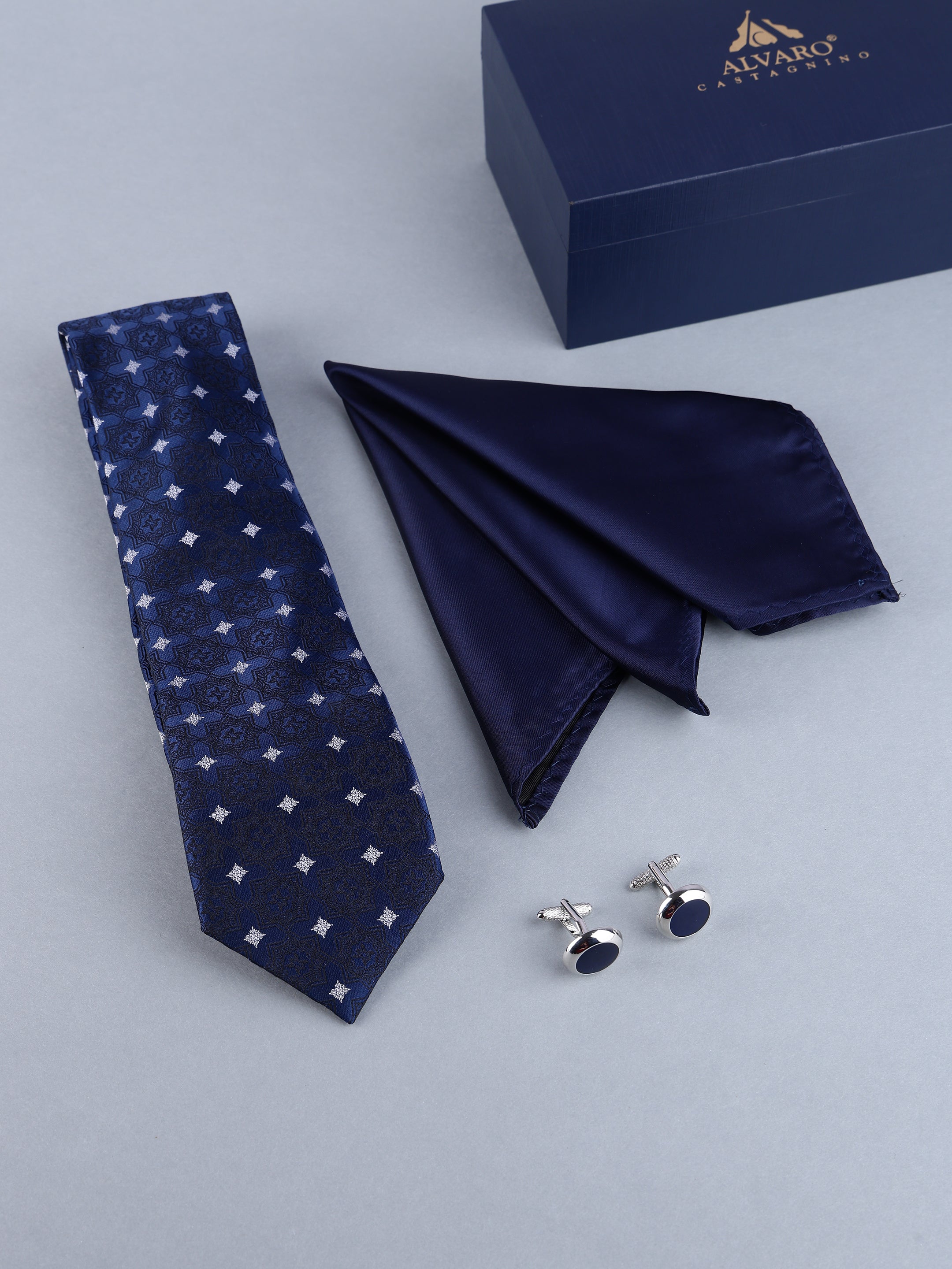 Deep Navy Geometric Medallion Necktie, Pocket Square & Cufflinks Gift Set