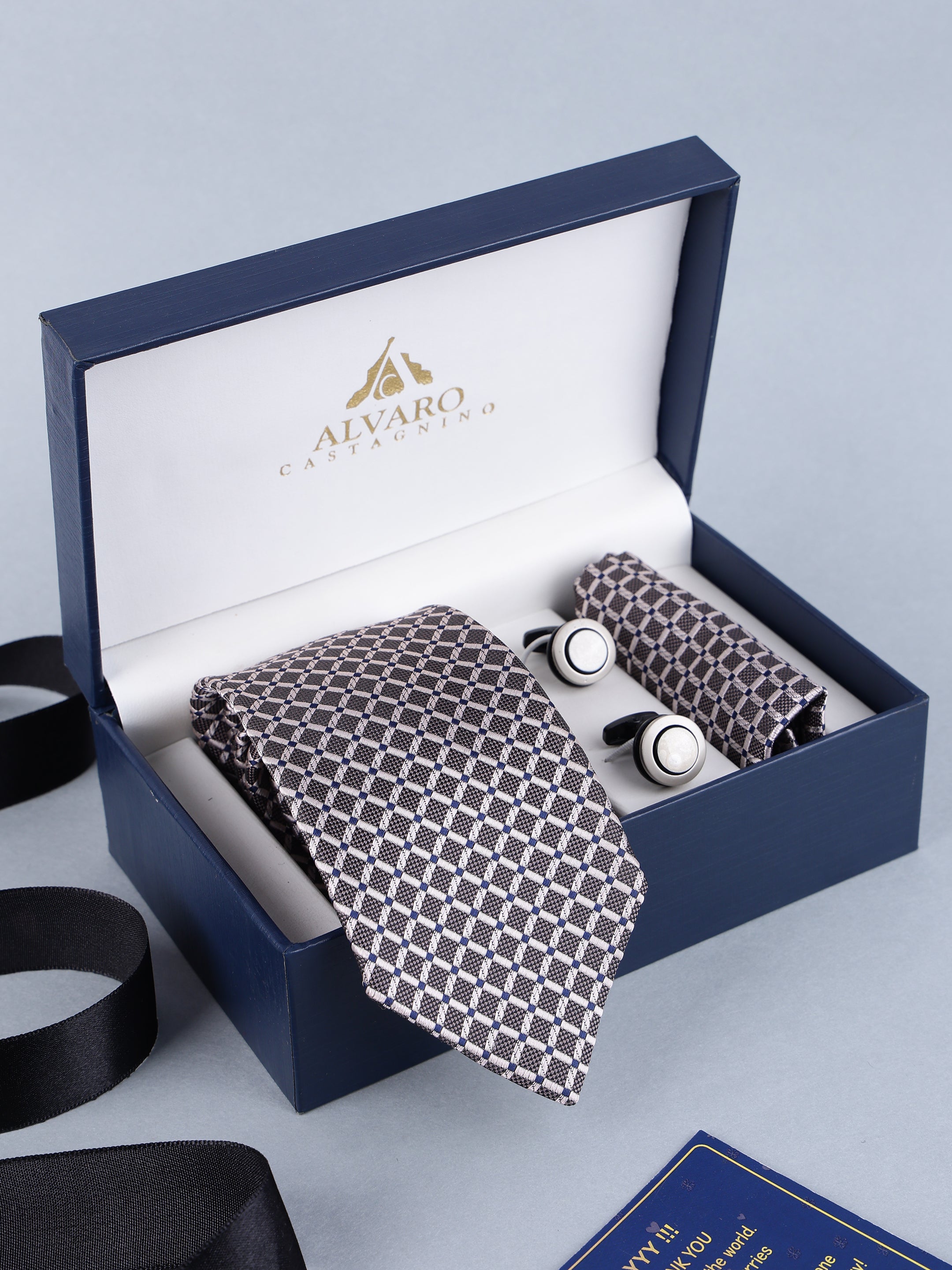 Charcoal & Silver Micro-Grid Necktie, Pocket Square & Cufflinks Gift Set