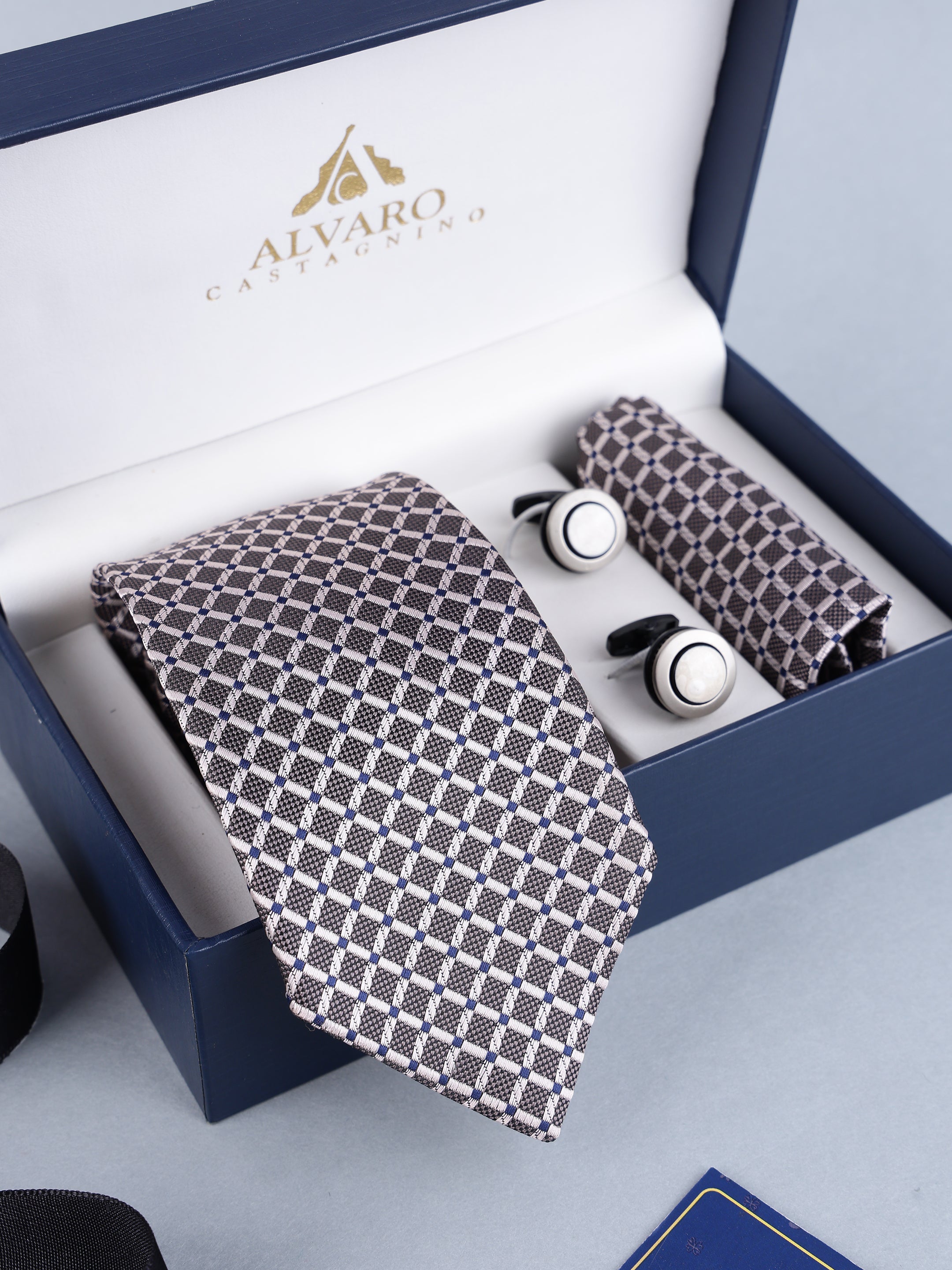 Charcoal & Silver Micro-Grid Necktie, Pocket Square & Cufflinks Gift Set
