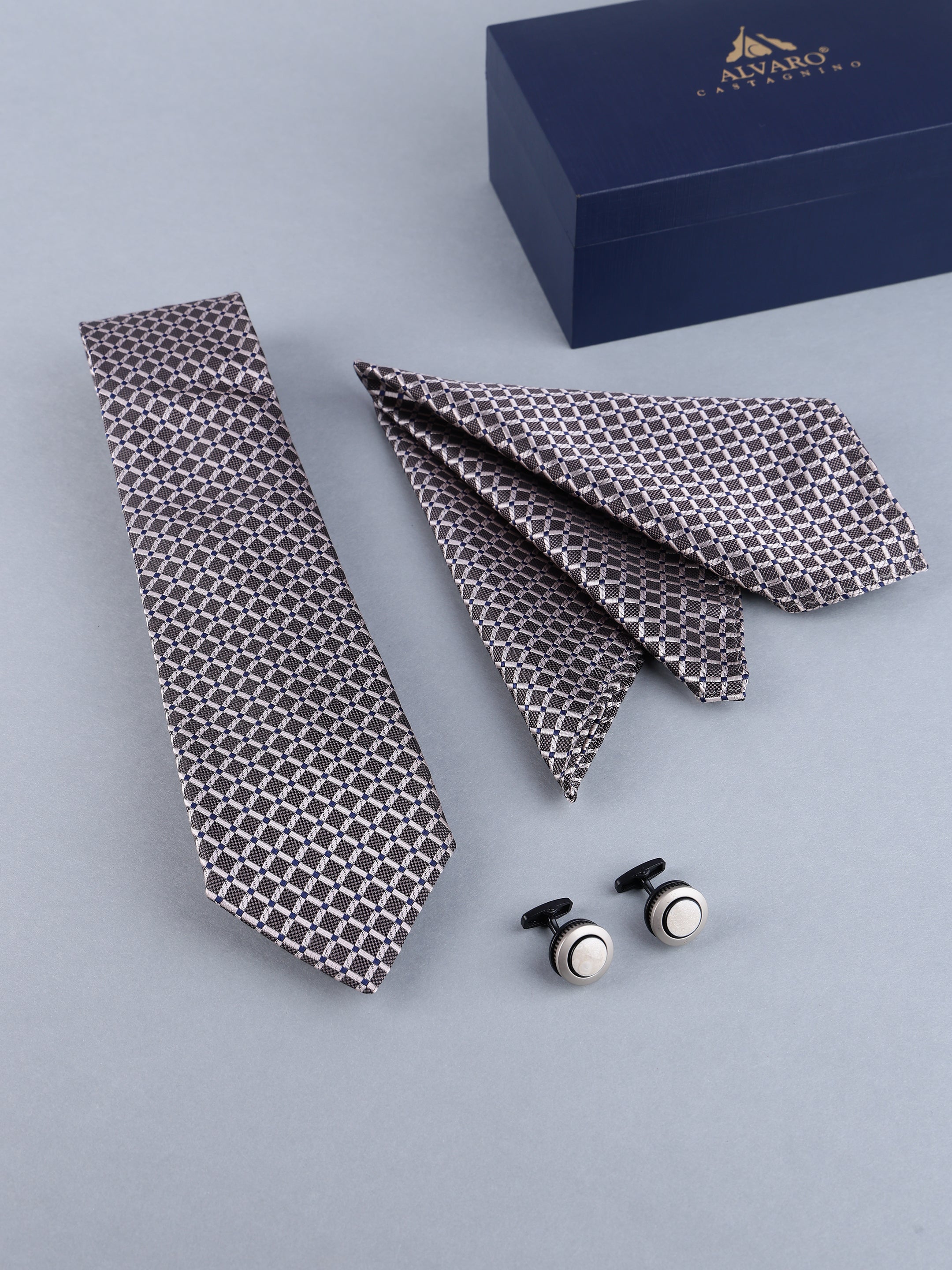 Charcoal & Silver Micro-Grid Necktie, Pocket Square & Cufflinks Gift Set