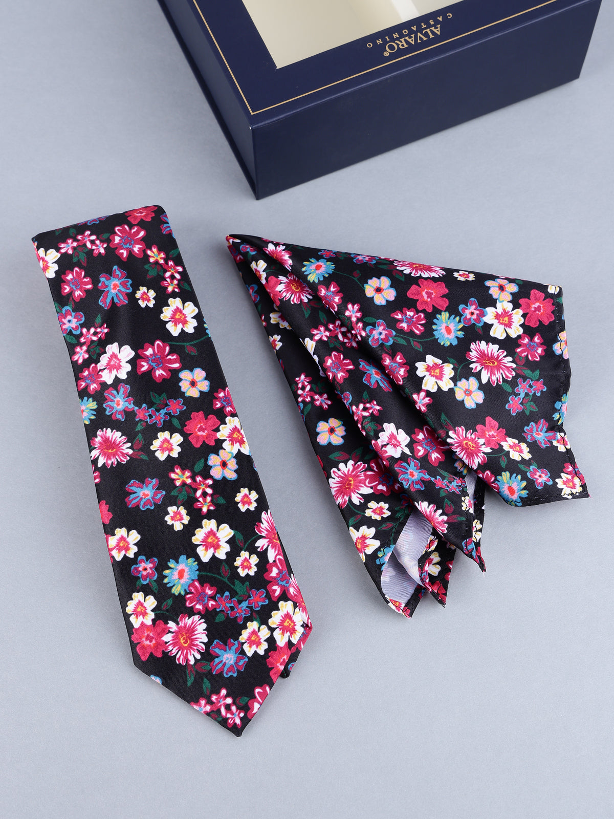 Black Bright Floral Necktie & Pocket Square Set
