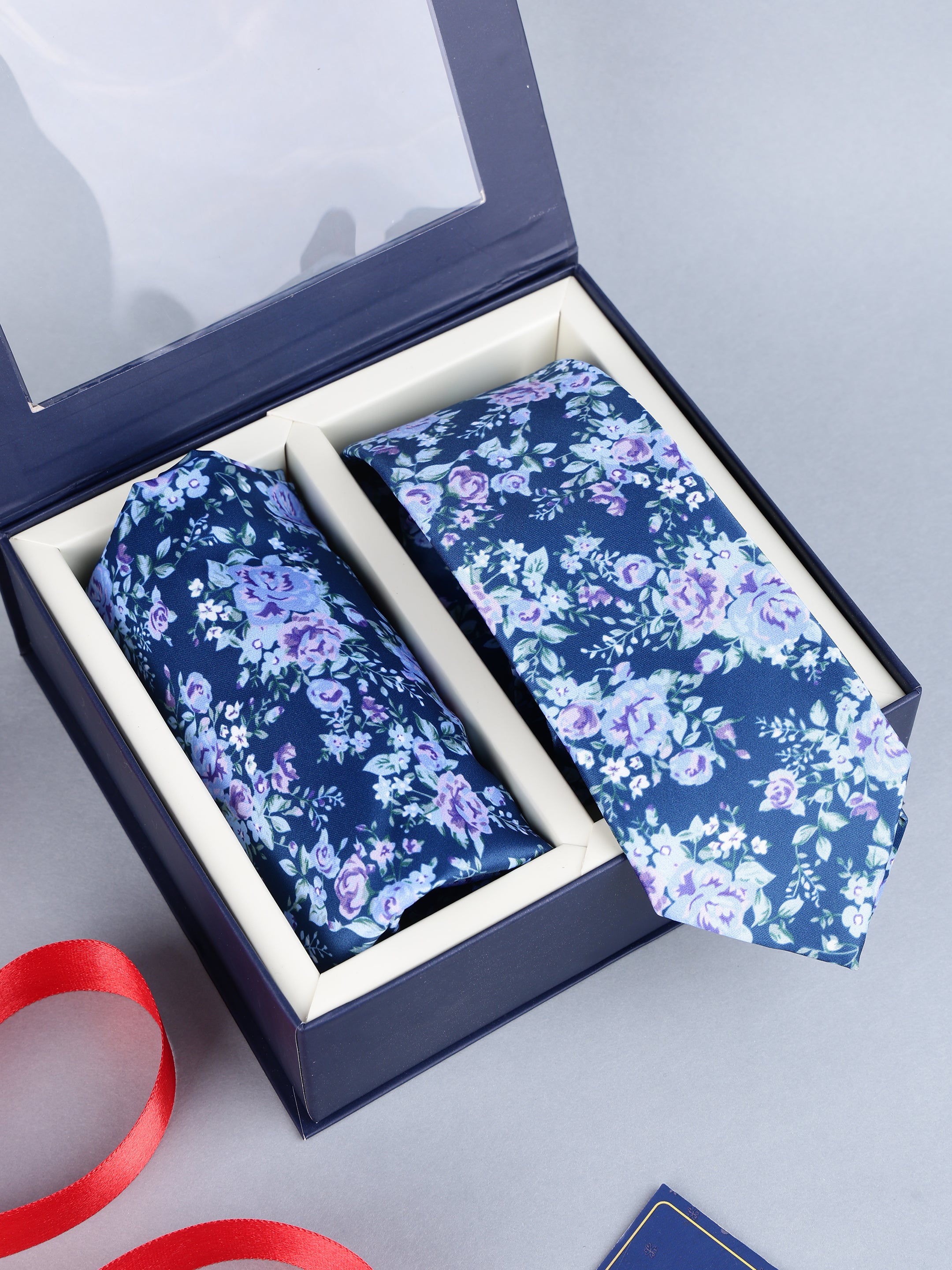 Luxury Navy Floral Necktie & Pocket Square Gift Set