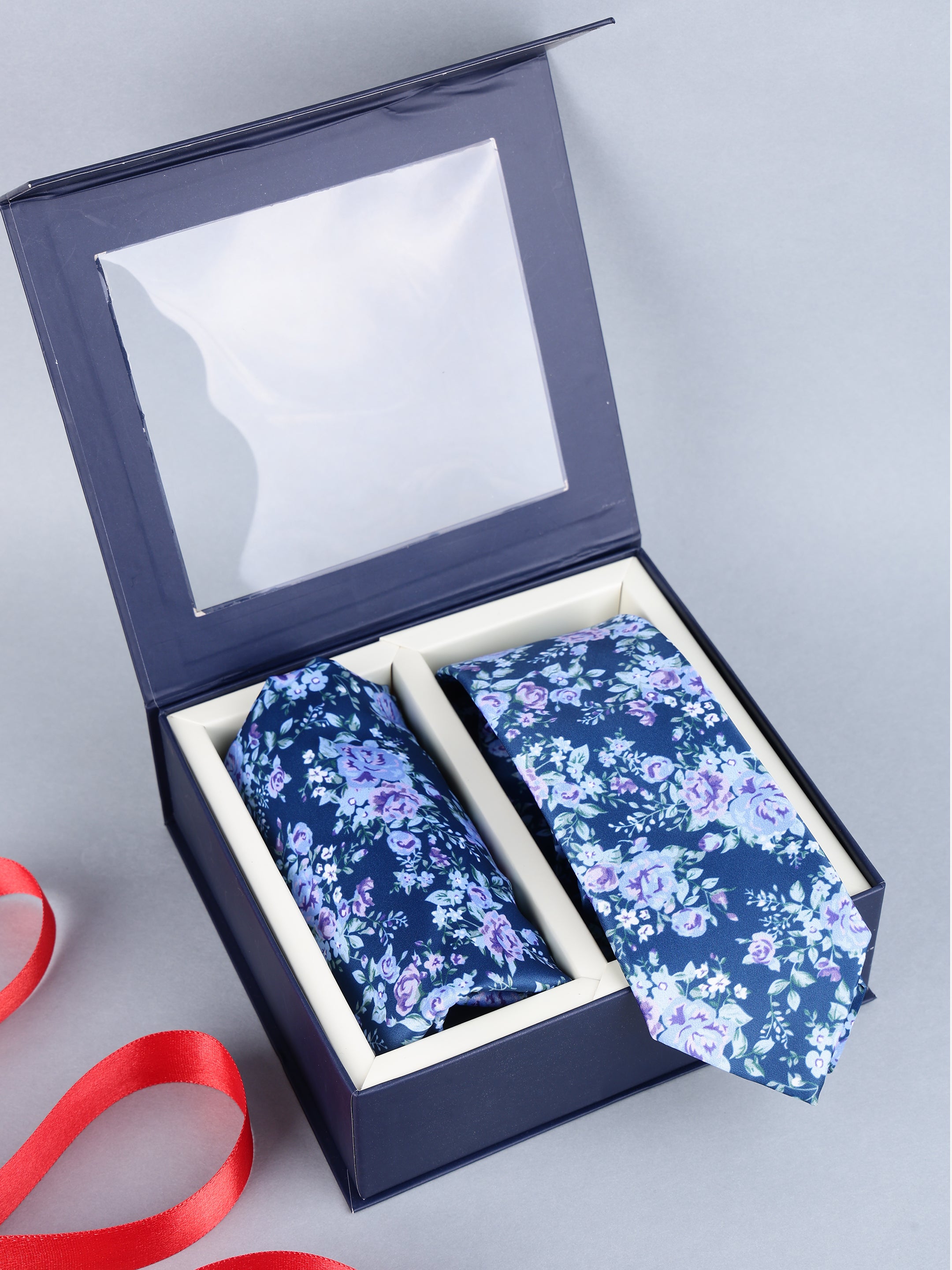 Luxury Navy Floral Necktie & Pocket Square Gift Set