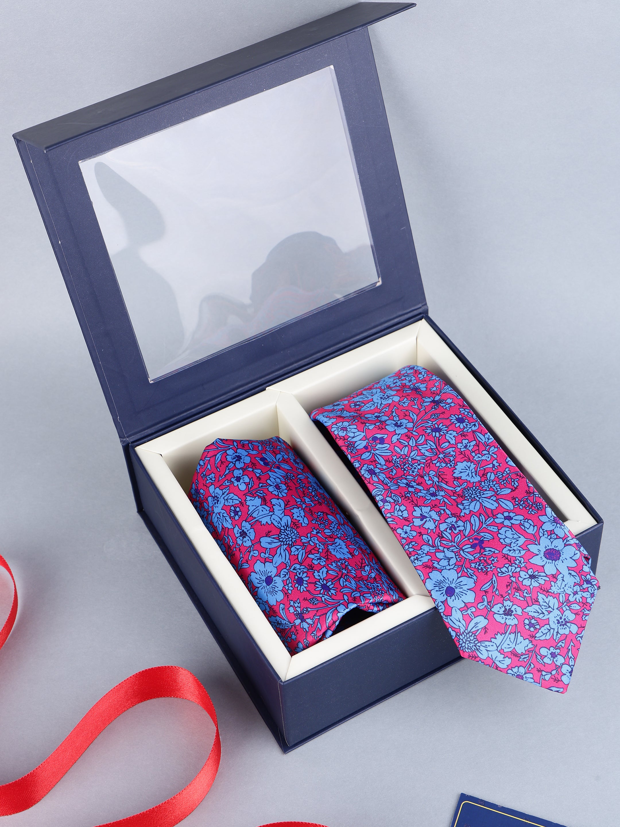 Fuchsia & Sky Blue Floral Necktie & Pocket Square Gift Set