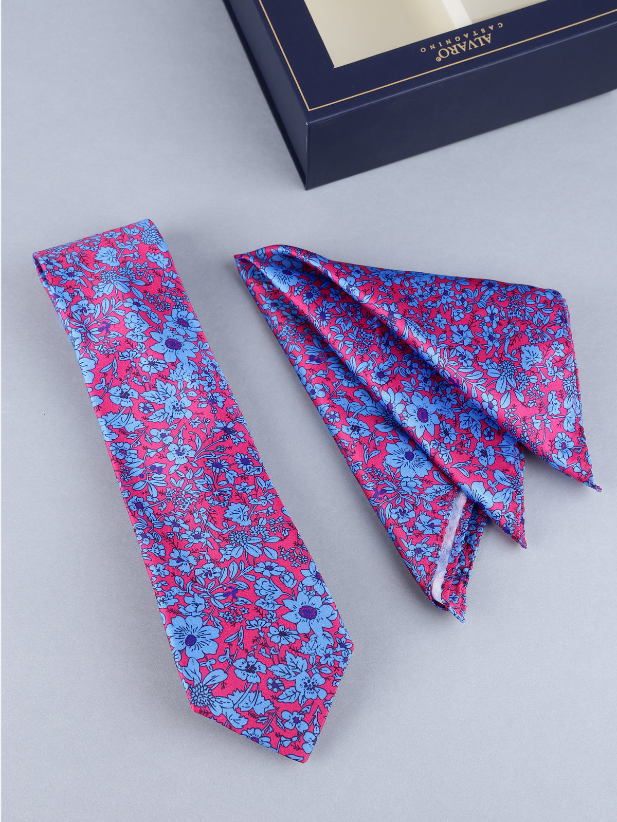Fuchsia & Sky Blue Floral Necktie & Pocket Square Gift Set