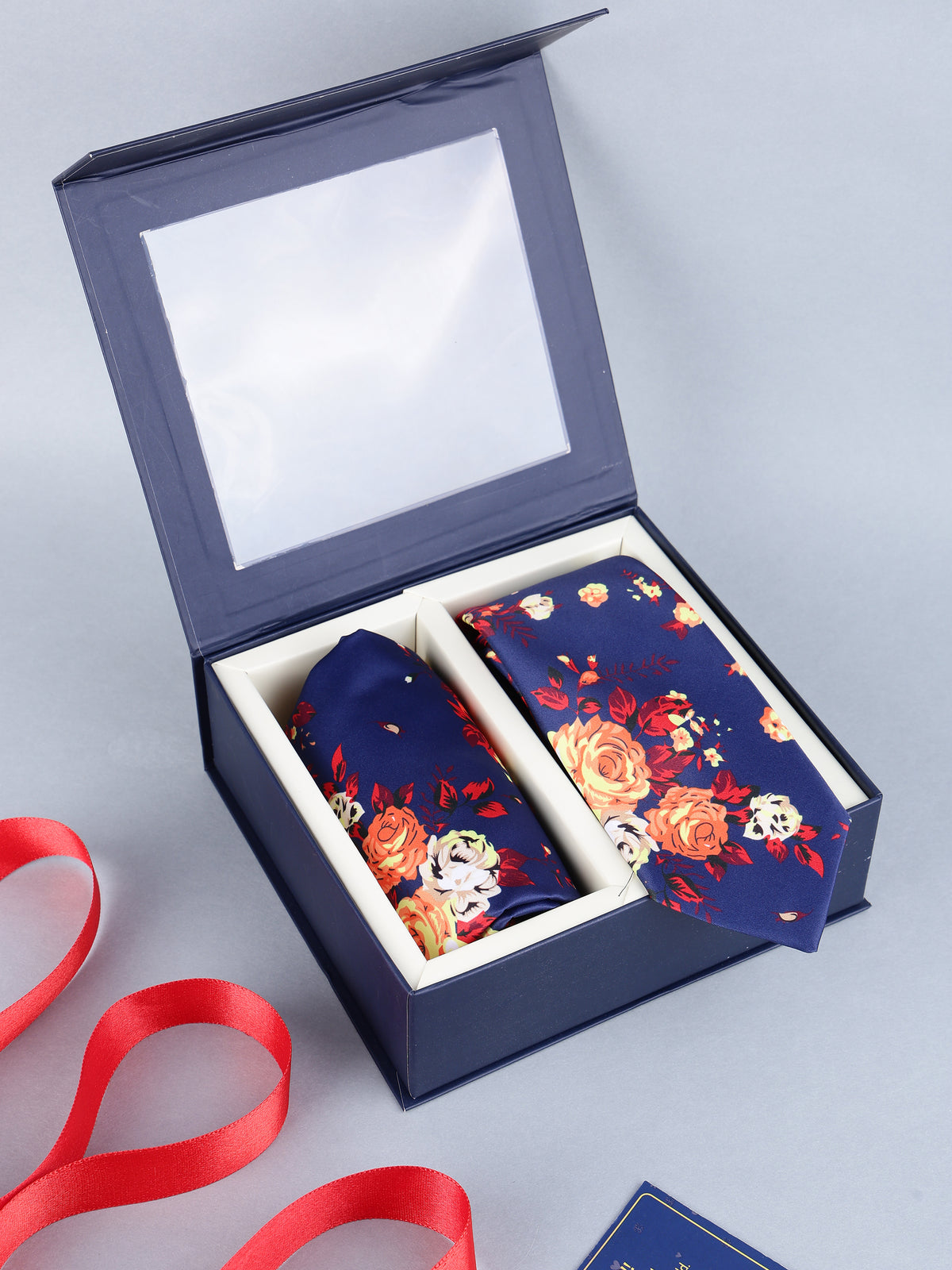Navy & Autumn Rose Floral Necktie & Pocket Square Set