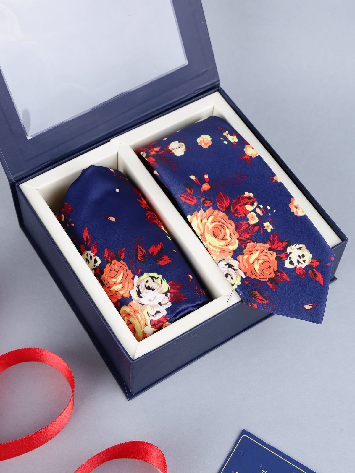 Navy & Autumn Rose Floral Necktie & Pocket Square Set