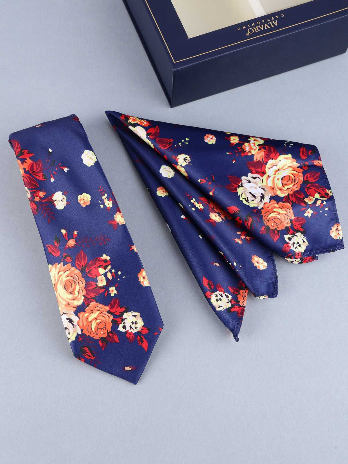 Navy & Autumn Rose Floral Necktie & Pocket Square Set