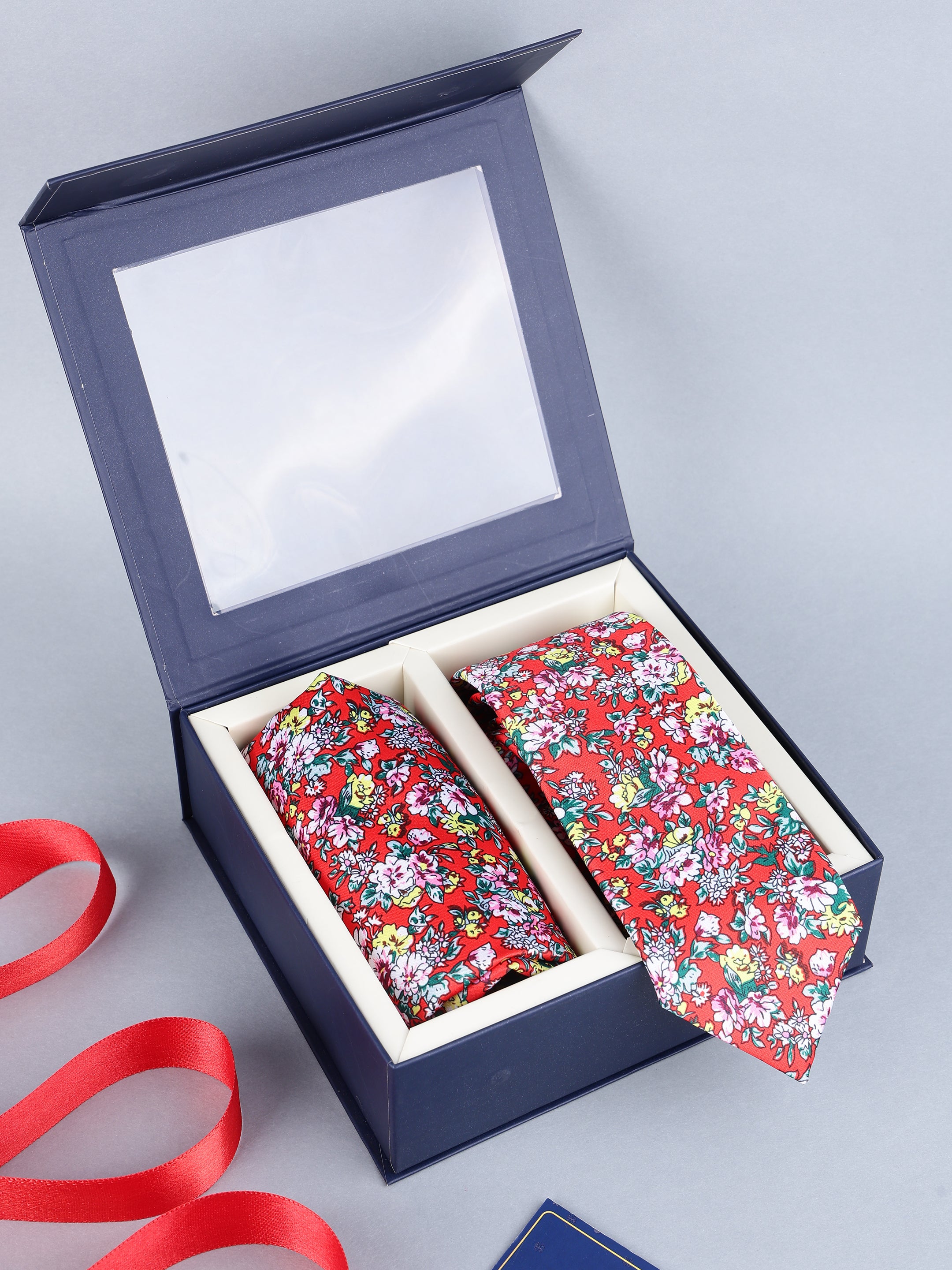 Red Floral Necktie & Pocket Square Gift Set