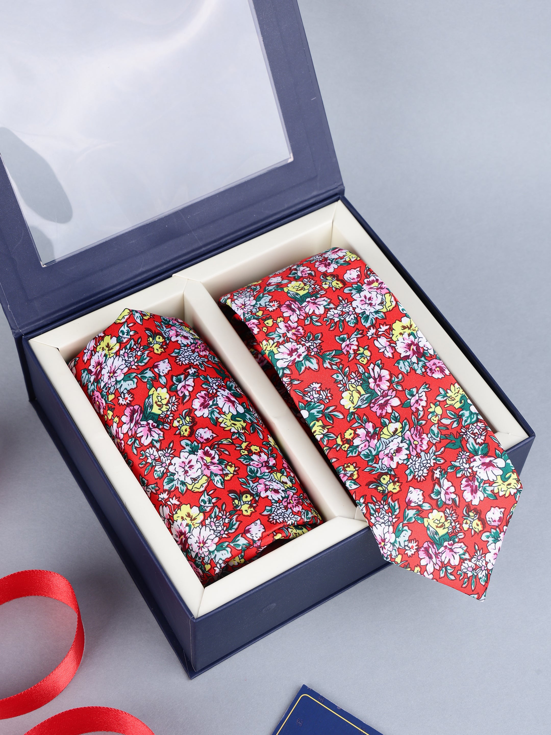 Red Floral Necktie & Pocket Square Gift Set