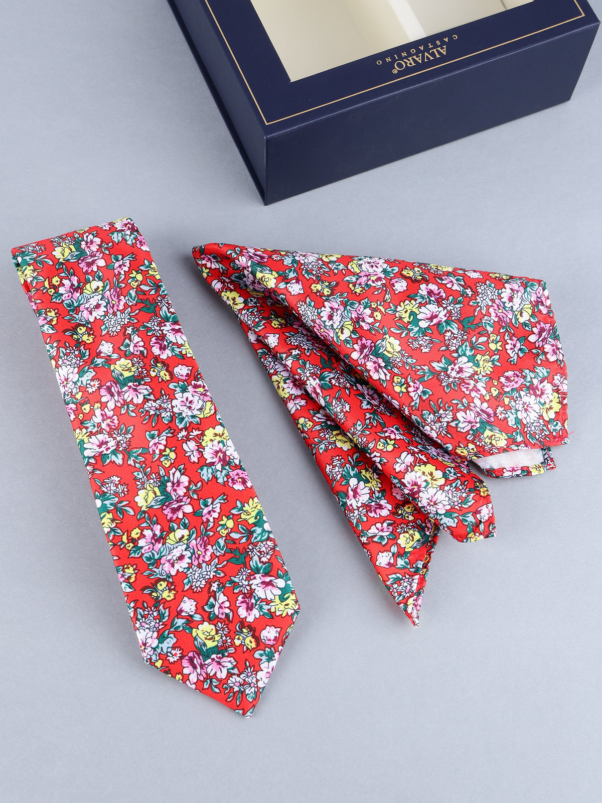 Red Floral Necktie & Pocket Square Gift Set