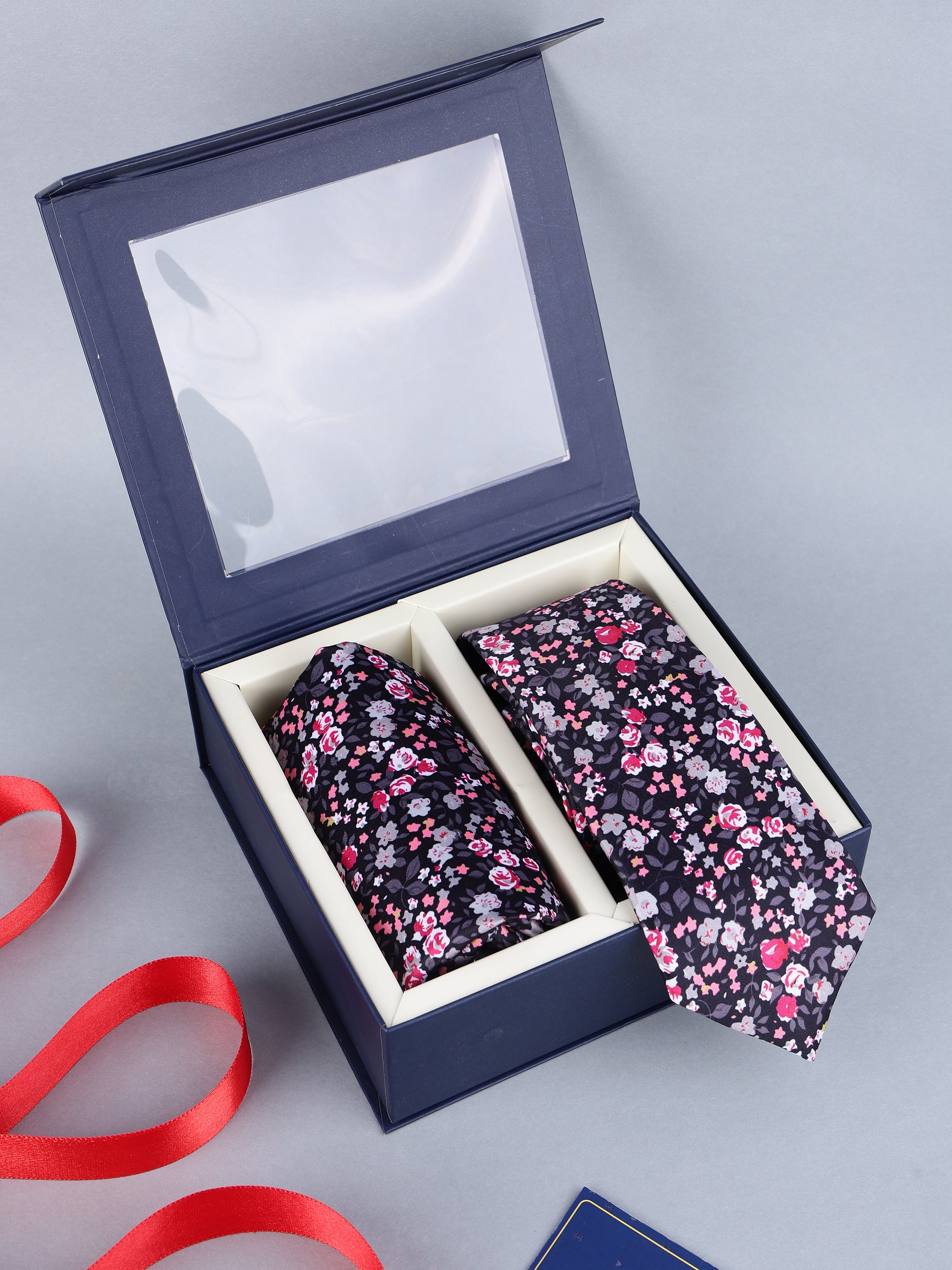 Dark Navy Pink Floral Necktie & Pocket Square Gift Set