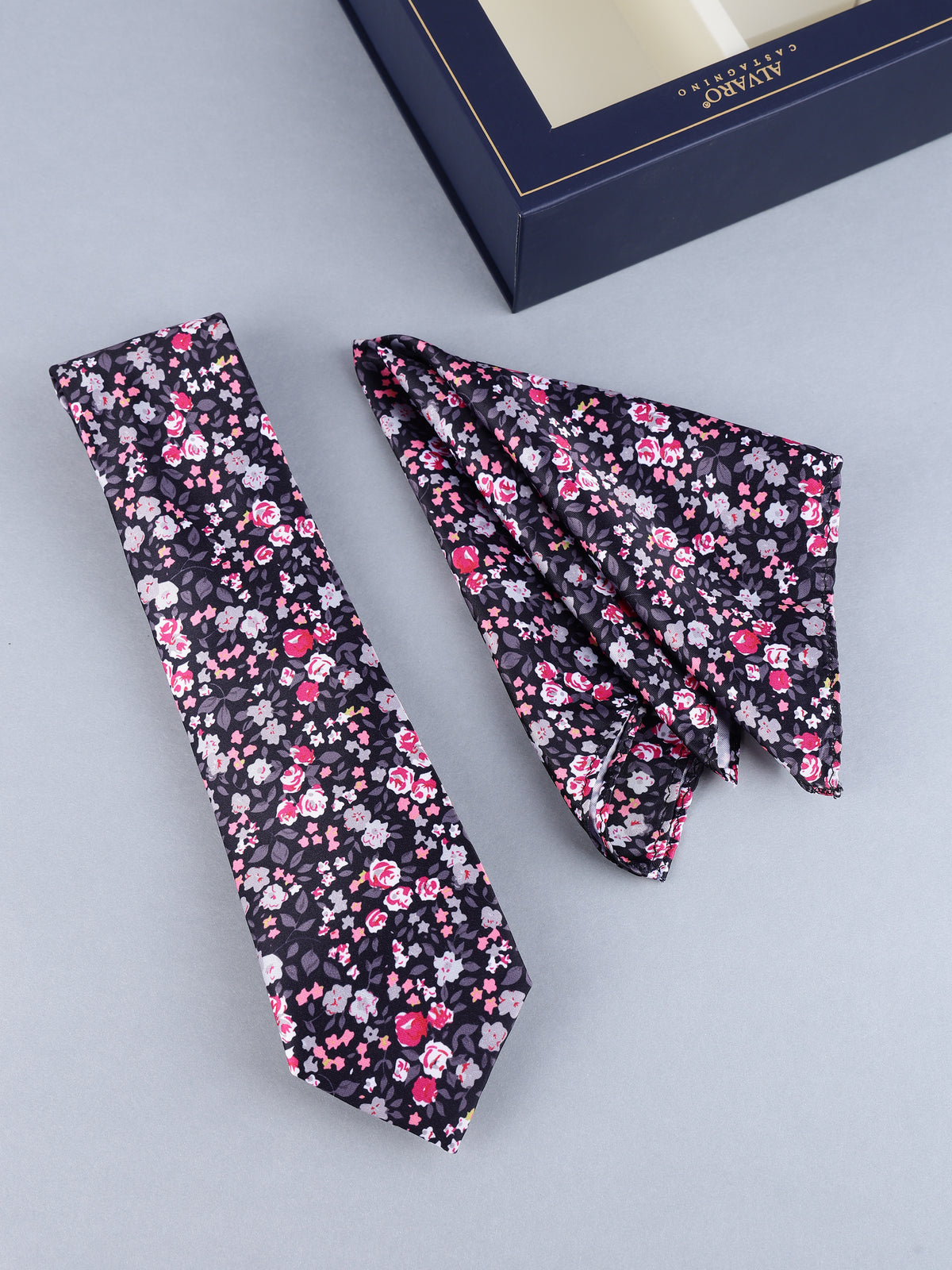 Dark Navy Pink Floral Necktie & Pocket Square Gift Set