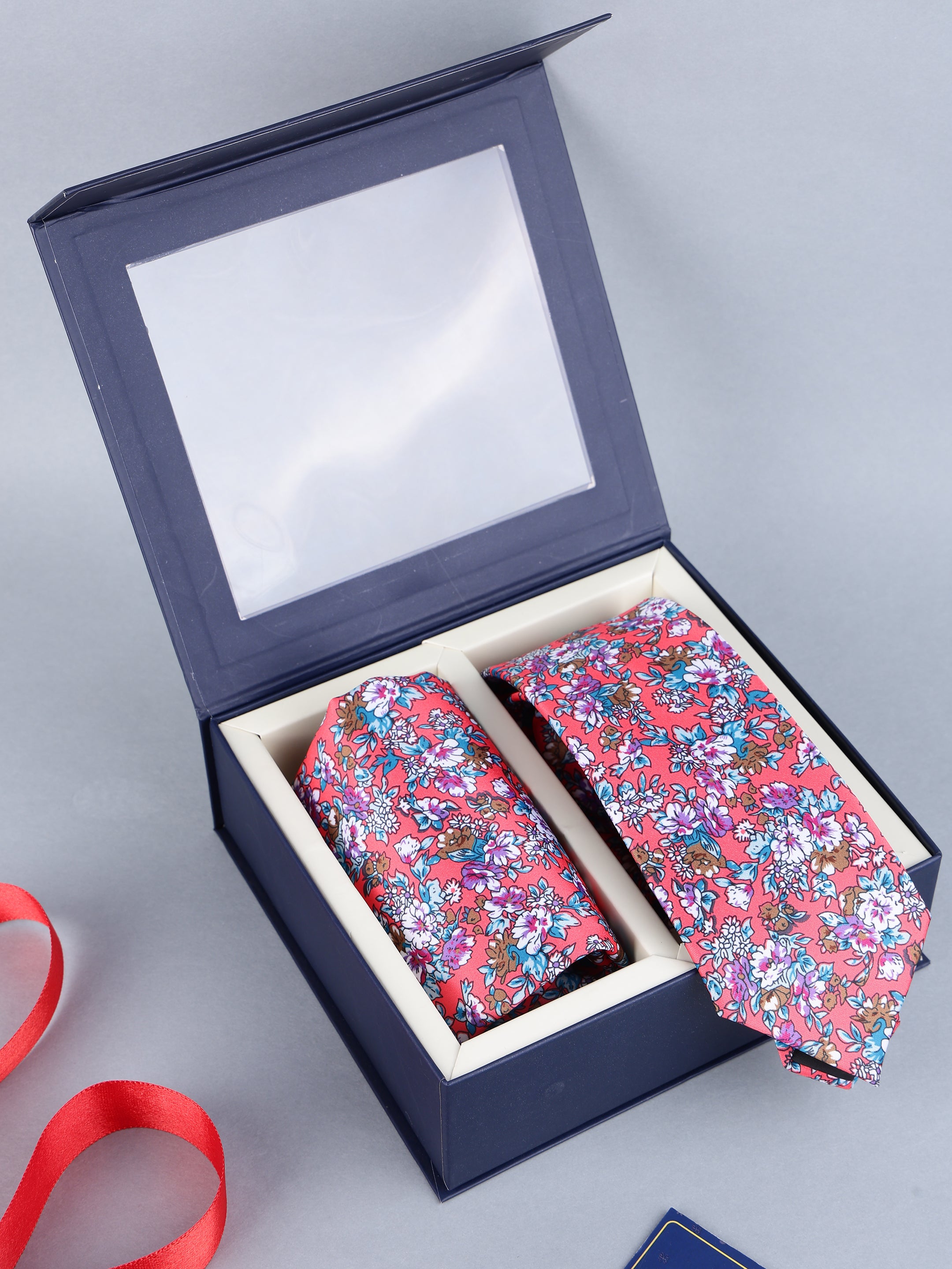 Coral Floral Necktie & Pocket Square Gift Set