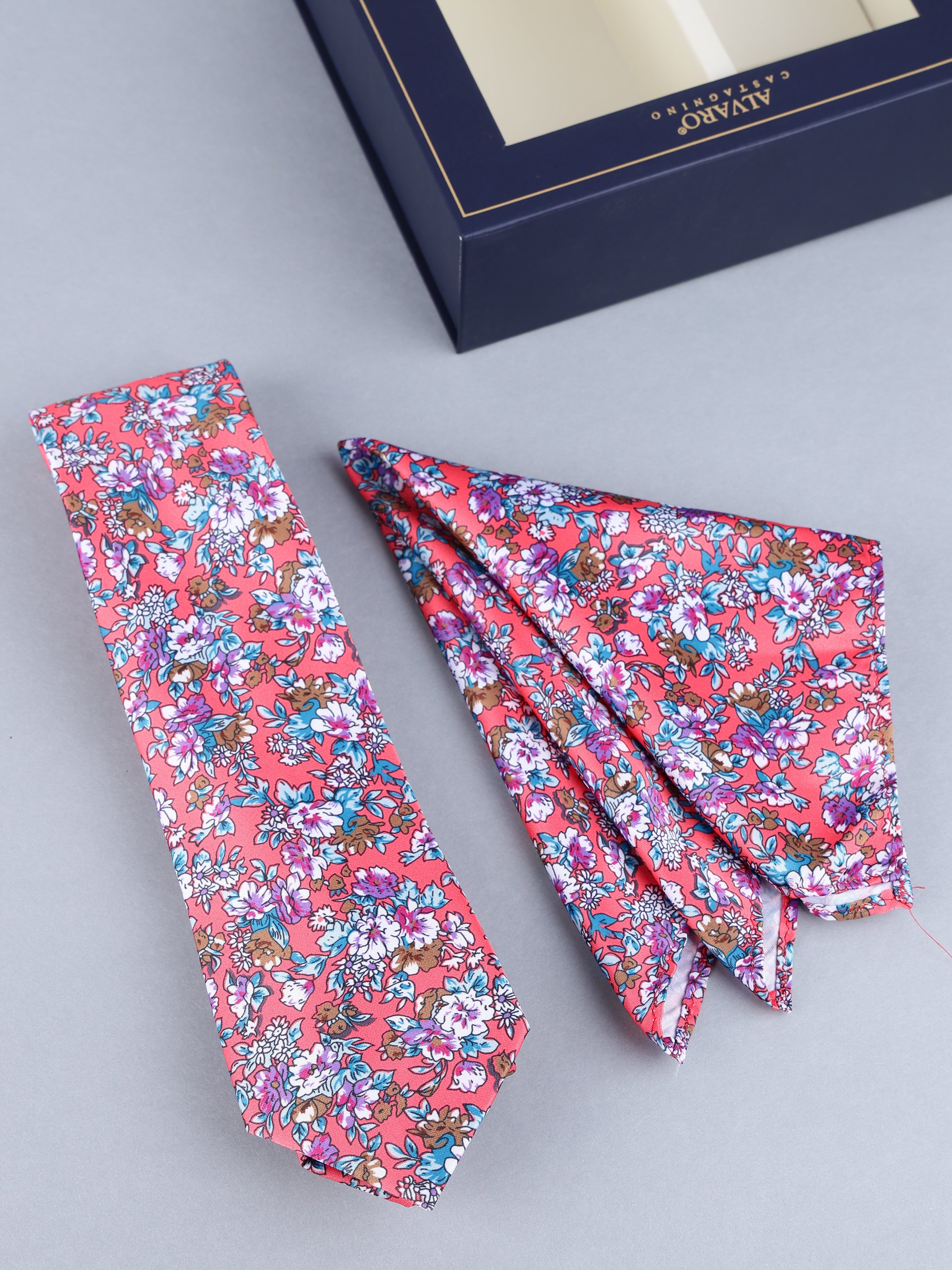 Coral Floral Necktie & Pocket Square Gift Set