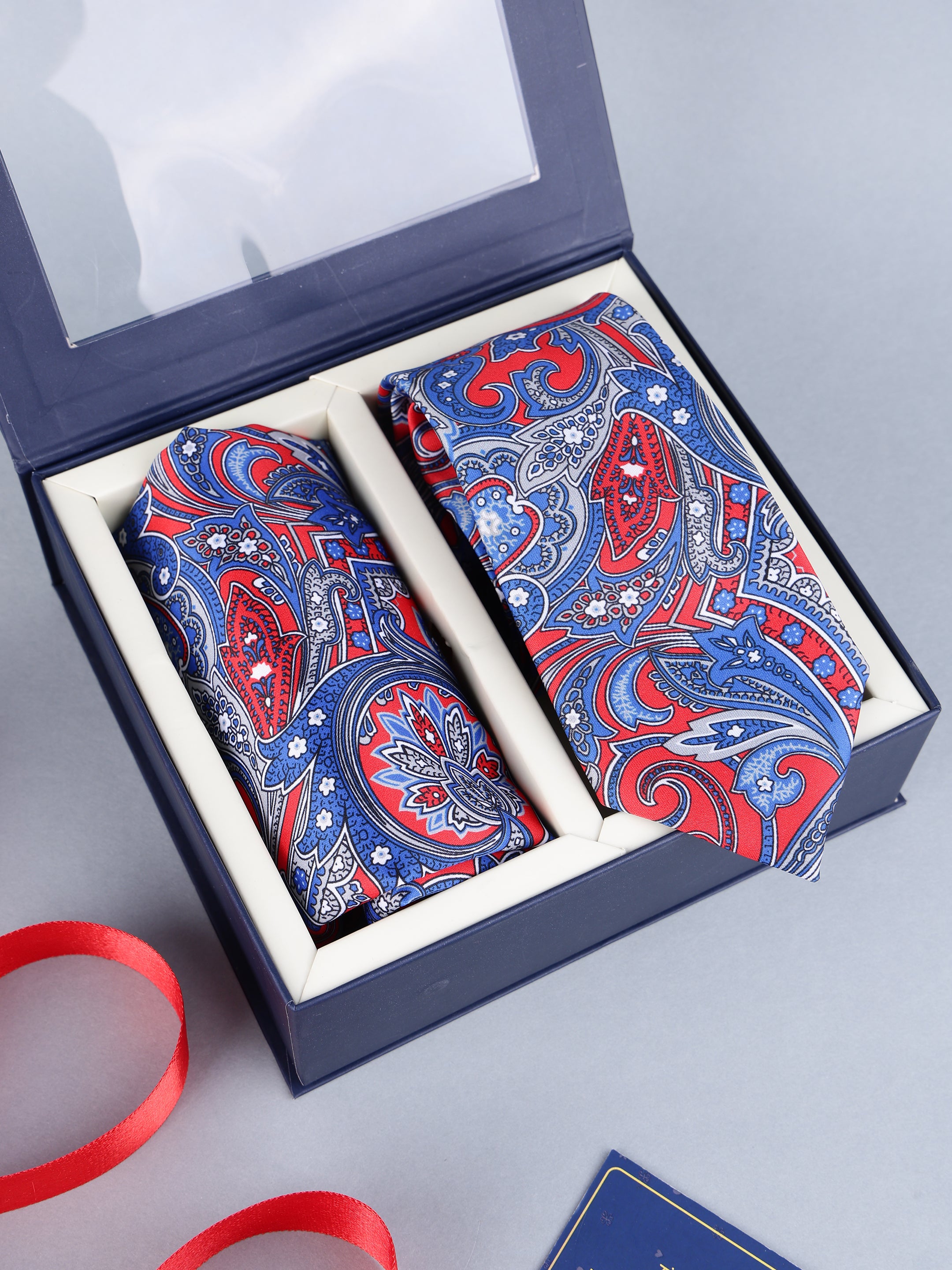 Red & Ocean Blue Grand Paisley Necktie & Pocket Square Set