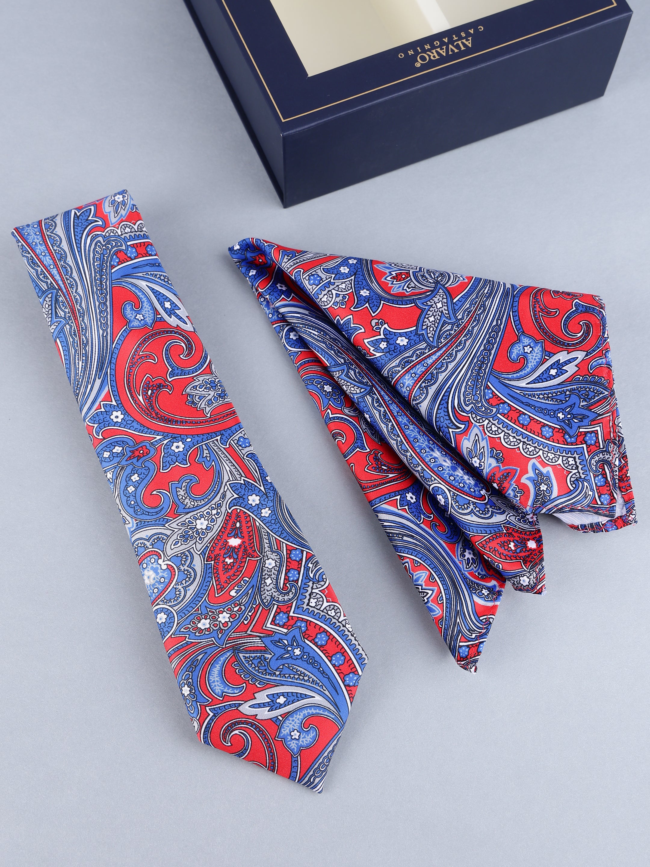 Red & Ocean Blue Grand Paisley Necktie & Pocket Square Set