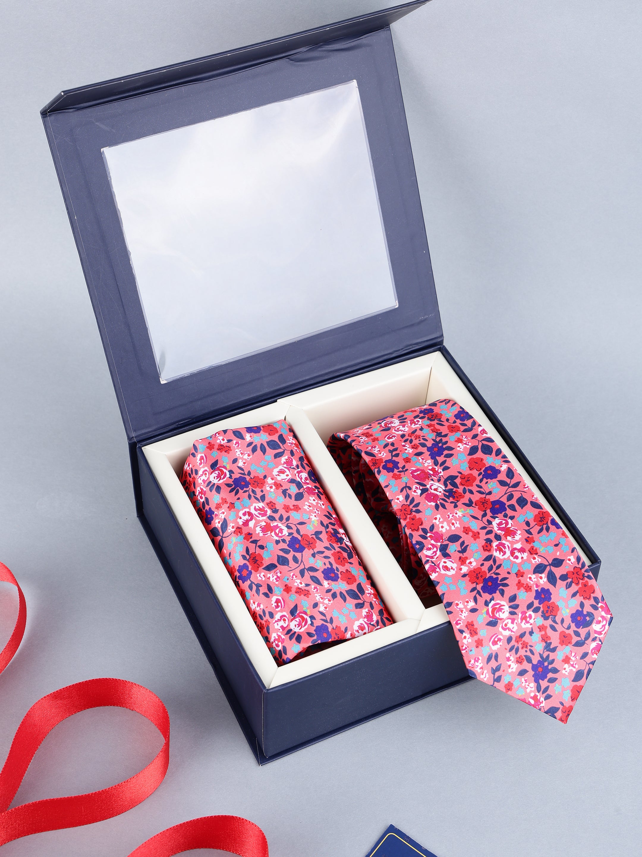 Coral Pink Meadow Floral Necktie & Pocket Square Set