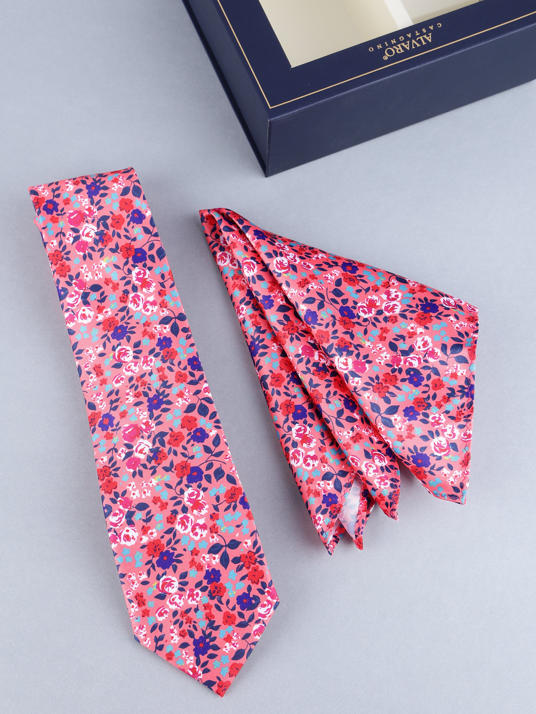 Coral Pink Meadow Floral Necktie & Pocket Square Set